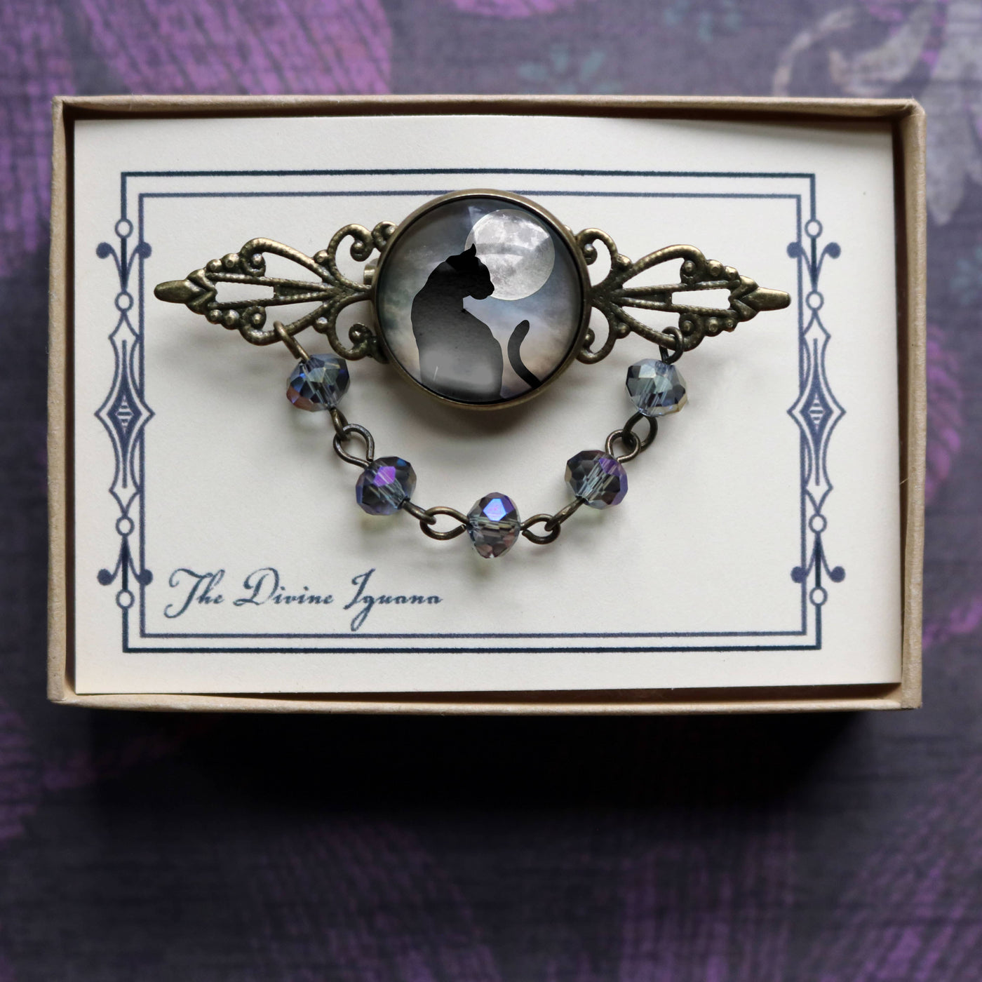 Black Cat and Moon Goth Bead and Filigree Brooch
