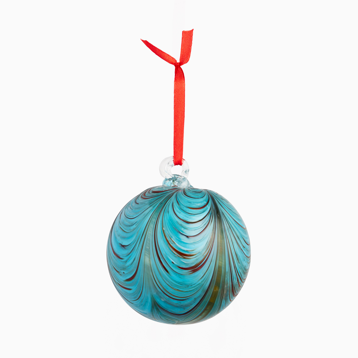 Aqua & Red Artisan Glass Ball Christmas Ornament