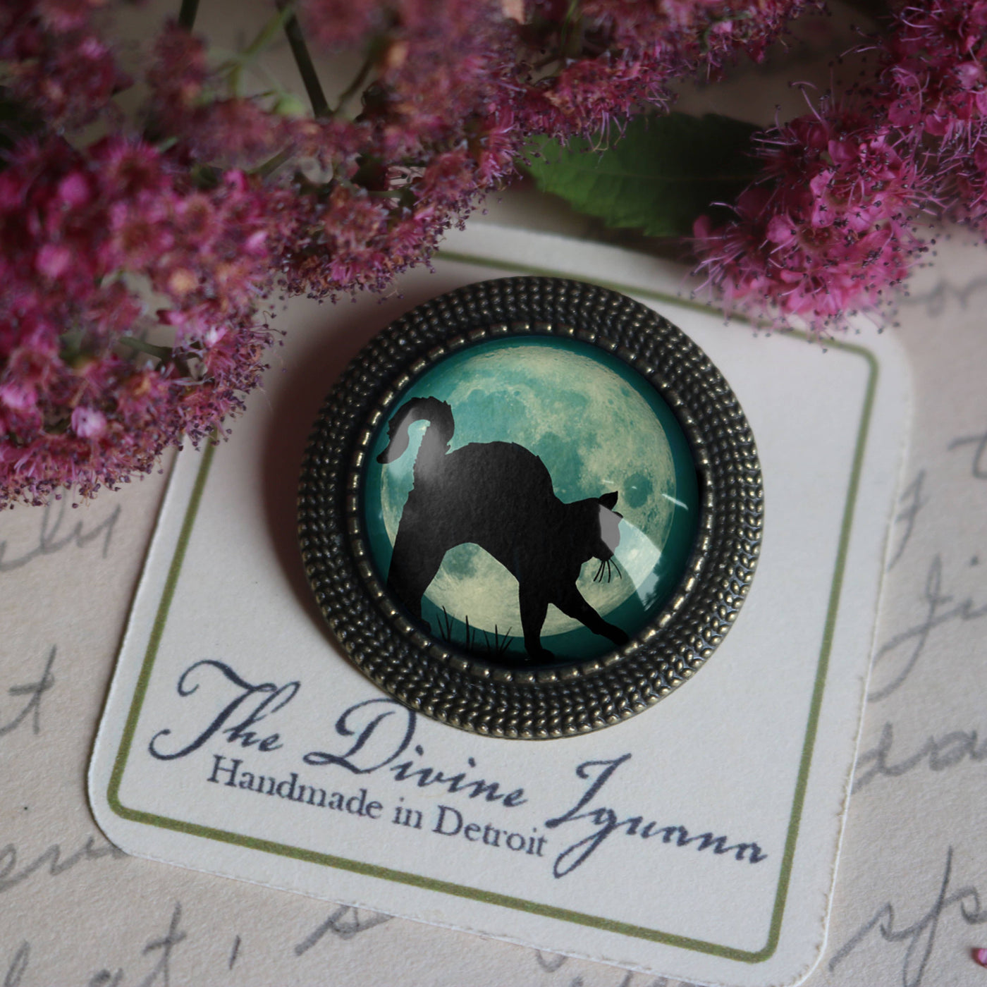 Black Cat on Blue Moon Goth Halloween Brooch