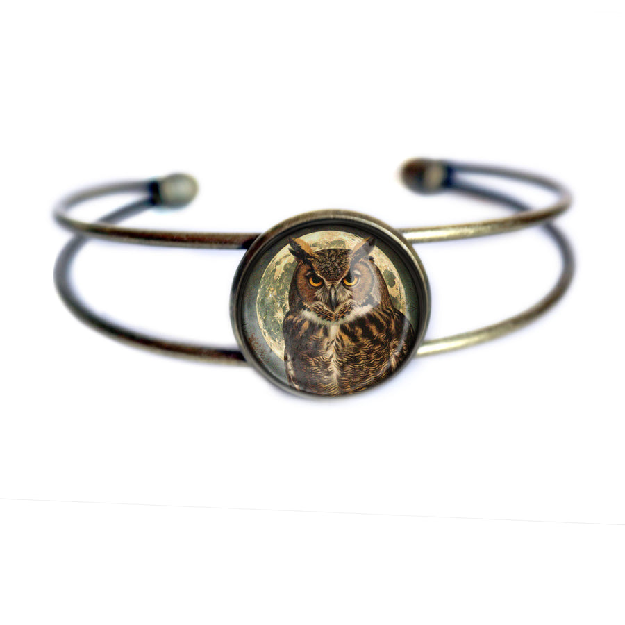 Owl Glass Cabochon and Brass Cuff Bracelet
