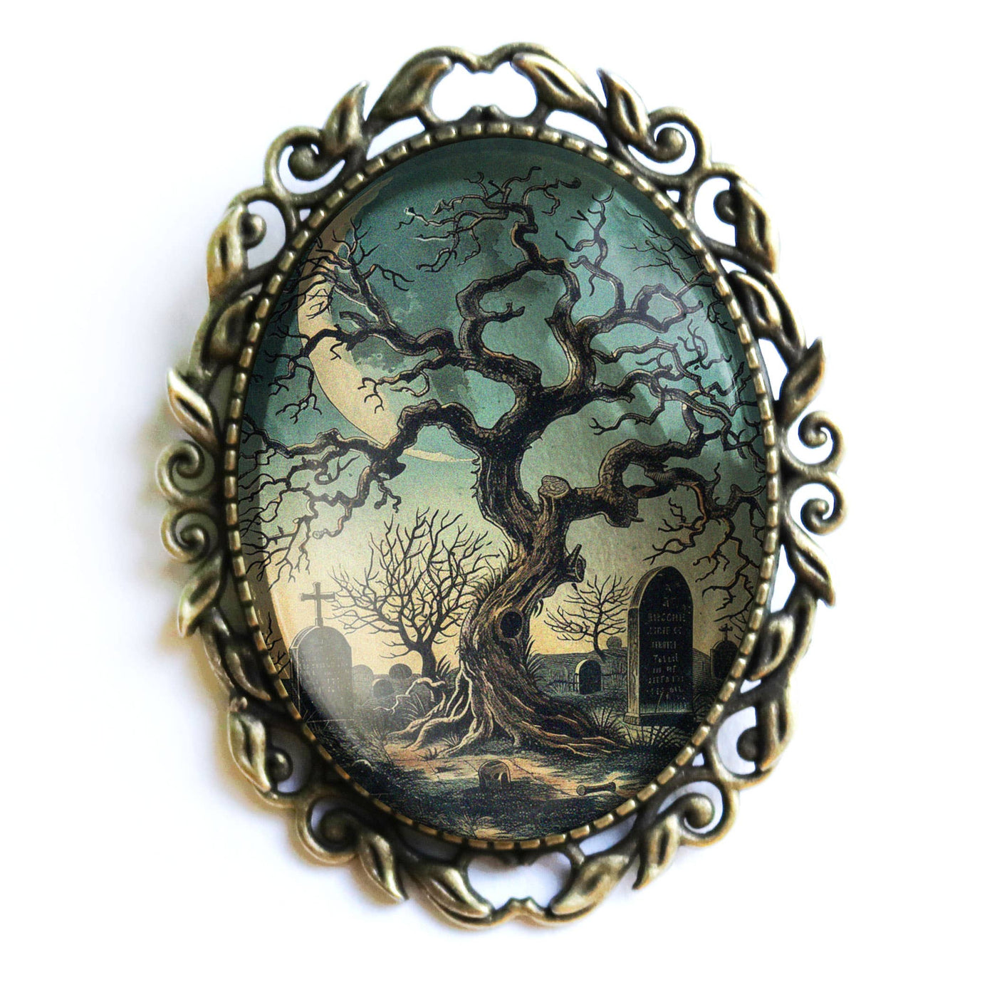 Haunted Tree Ornate Oval Glass Cabochon Brooch