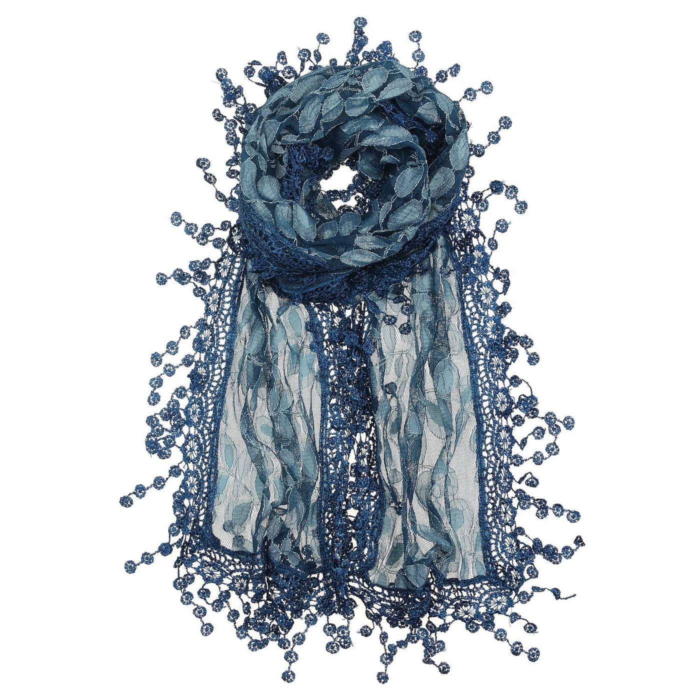 Teal Leaf Pattern Lace Scarf with Tassels