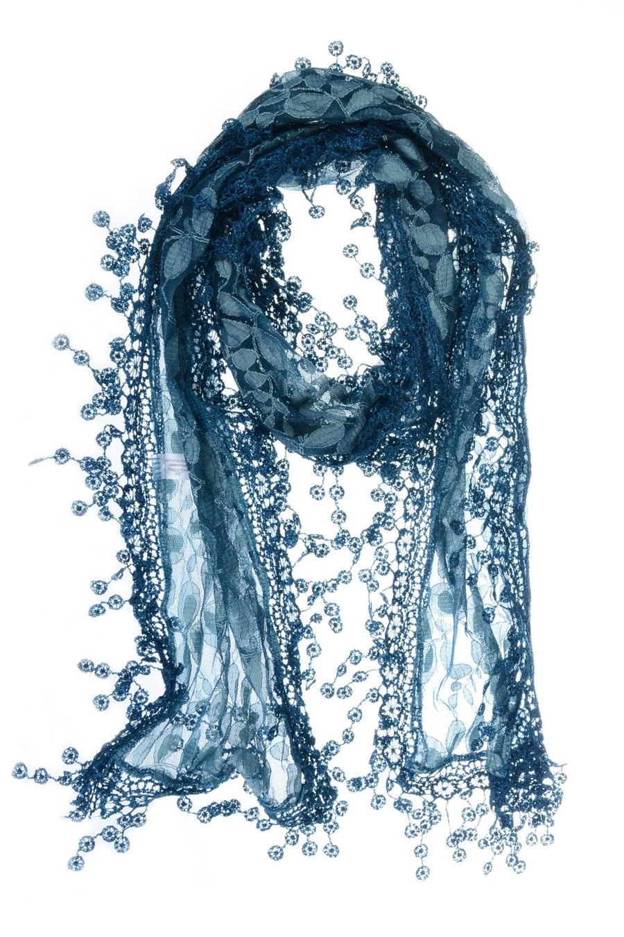 Teal Leaf Pattern Lace Scarf with Tassels