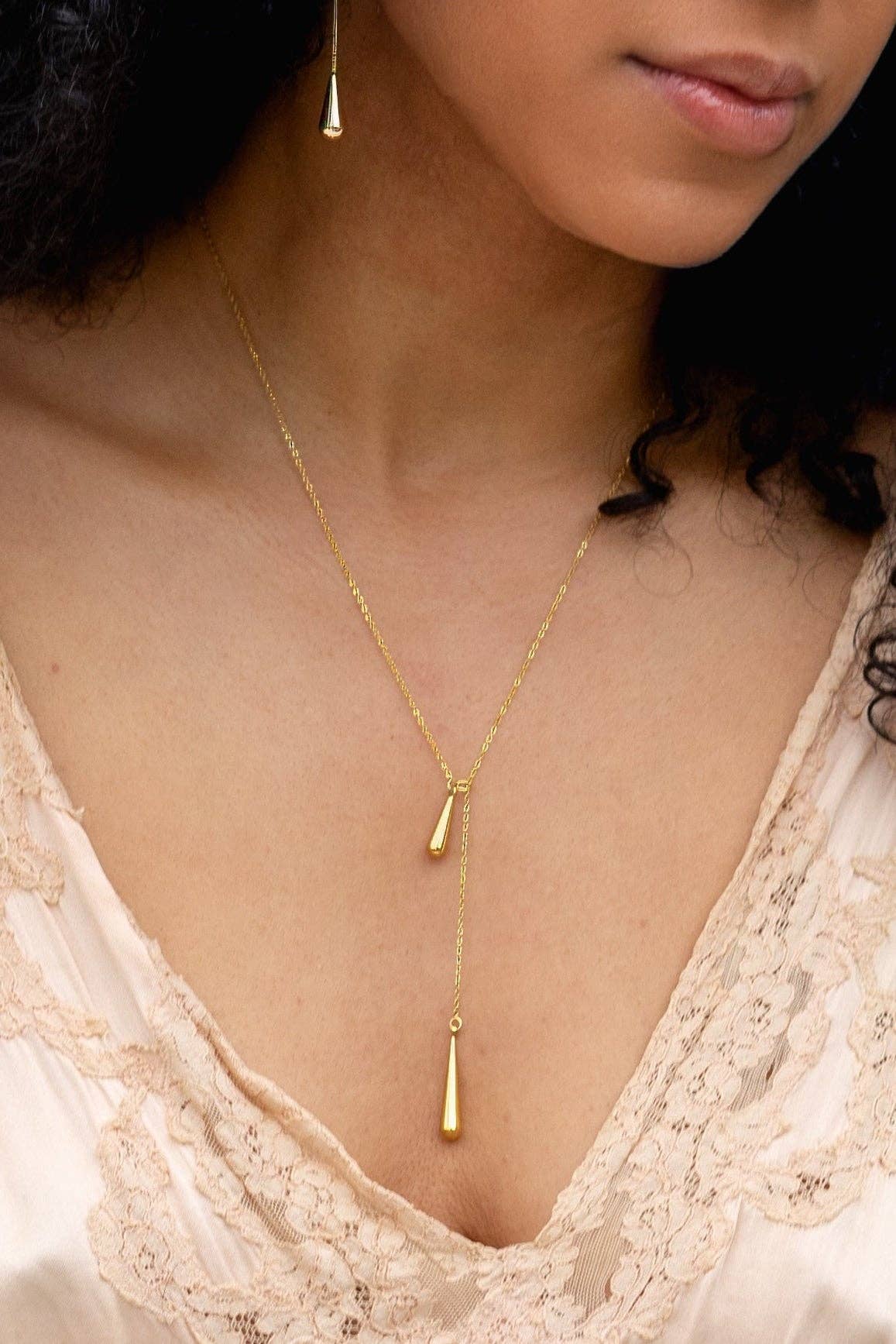 Tear Drop Threader Necklace - 18K Gold Plated