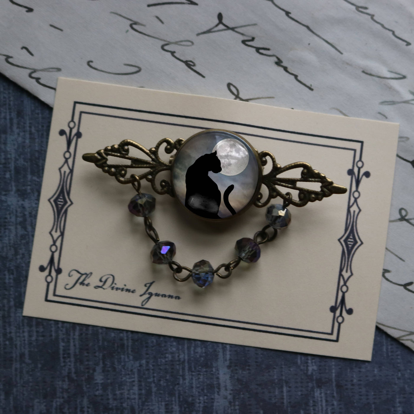 Black Cat and Moon Goth Bead and Filigree Brooch