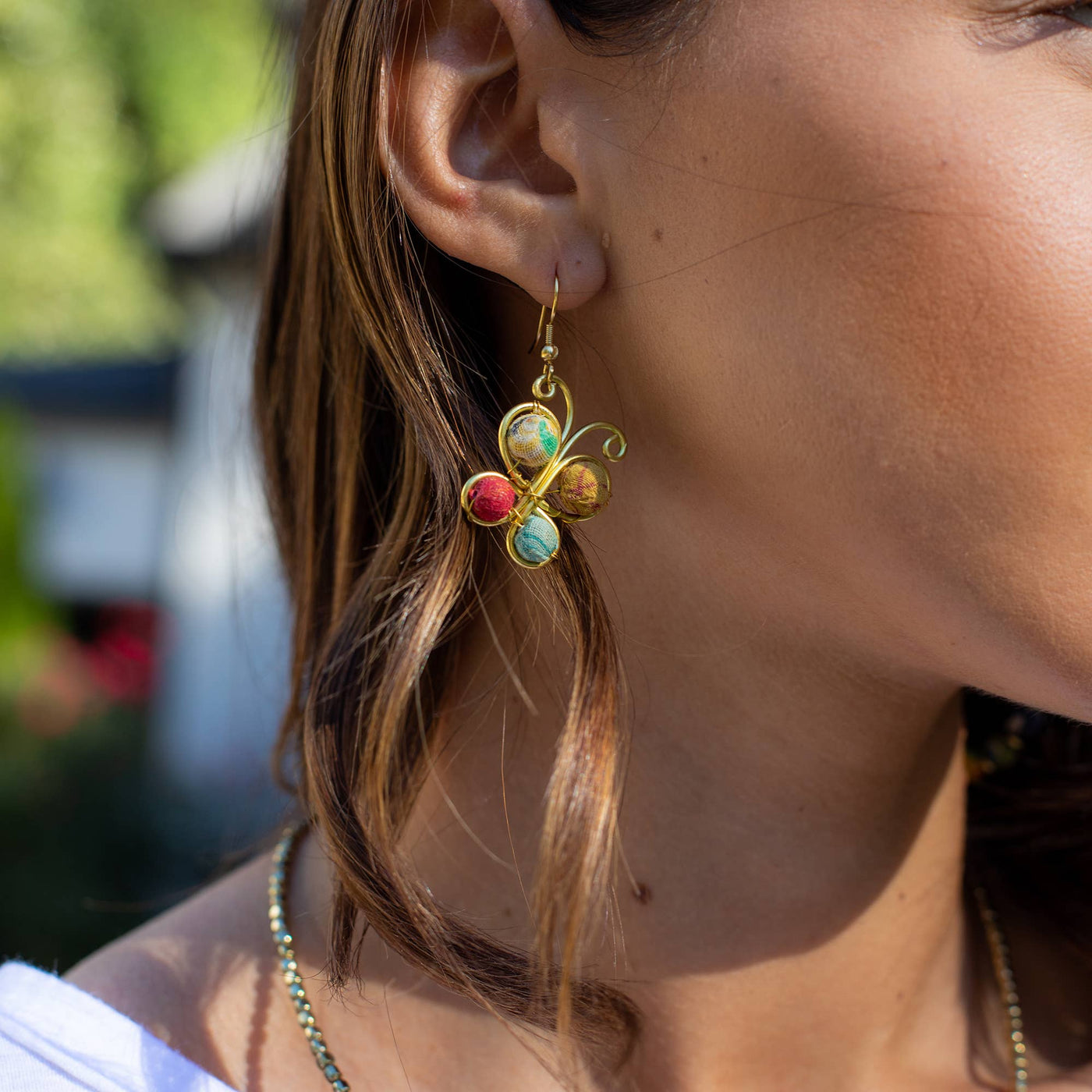 Brass Wrapped Beaded Small Butterfly Earrings
