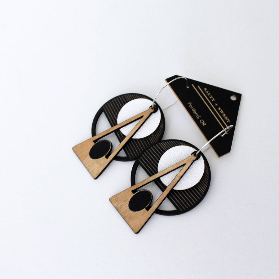 Black Deco Architectural Leather + Birch Earring