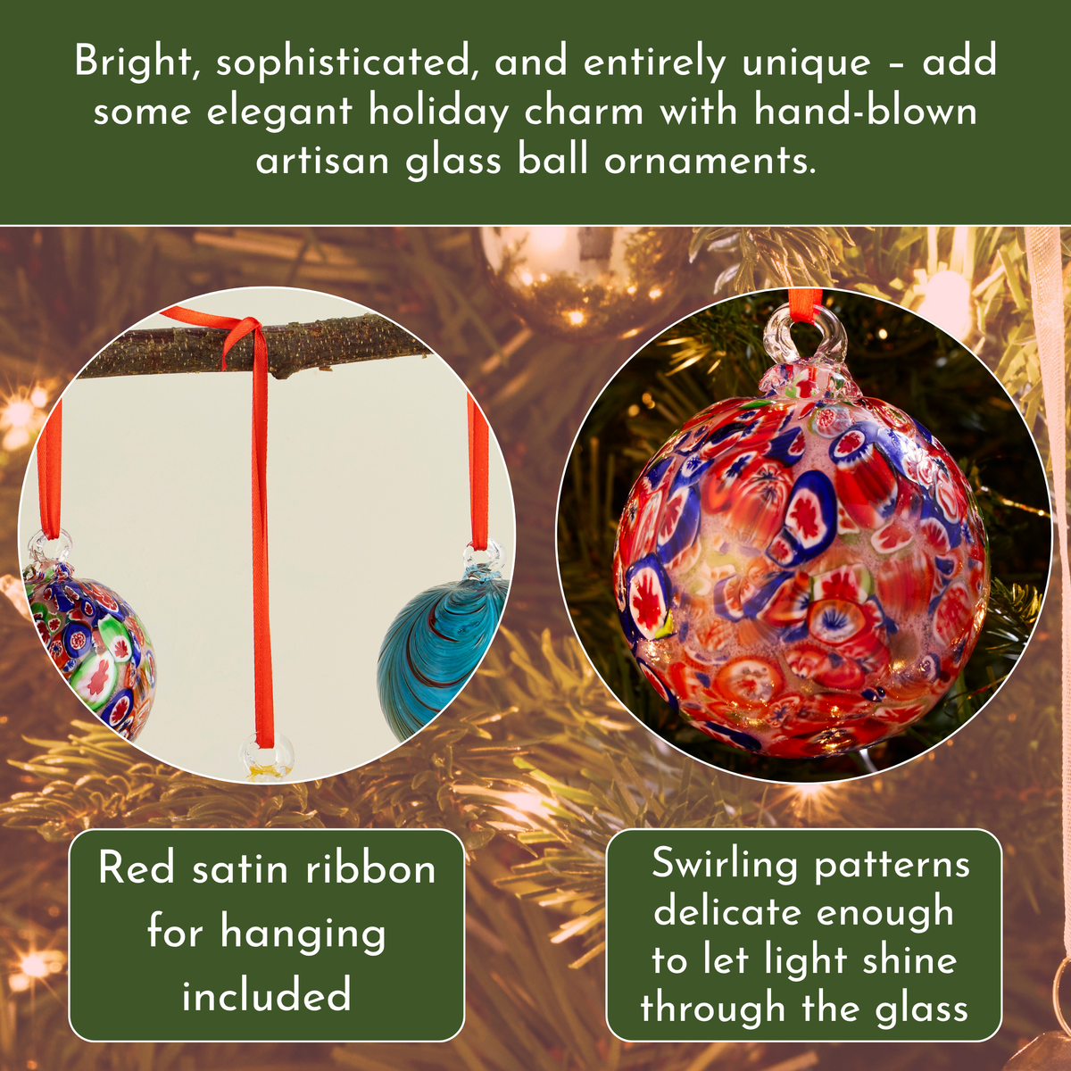 Red & Blue Multicolor Artisan Glass Ball Christmas Ornament