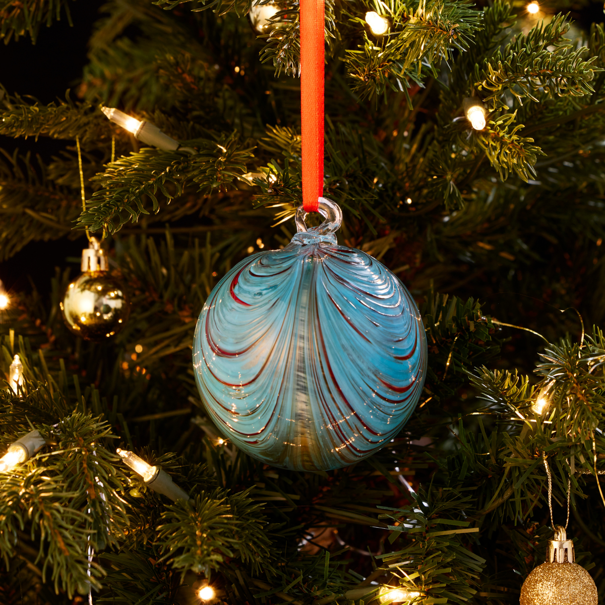 Aqua & Red Artisan Glass Ball Christmas Ornament