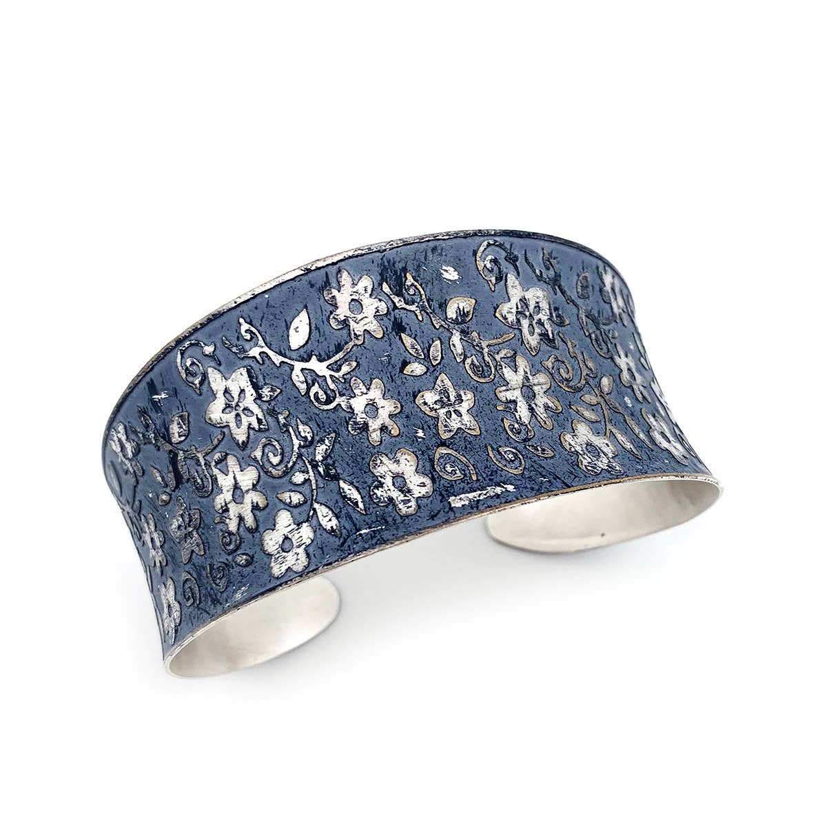 Blue Small Floral Silver Patina Bracelet
