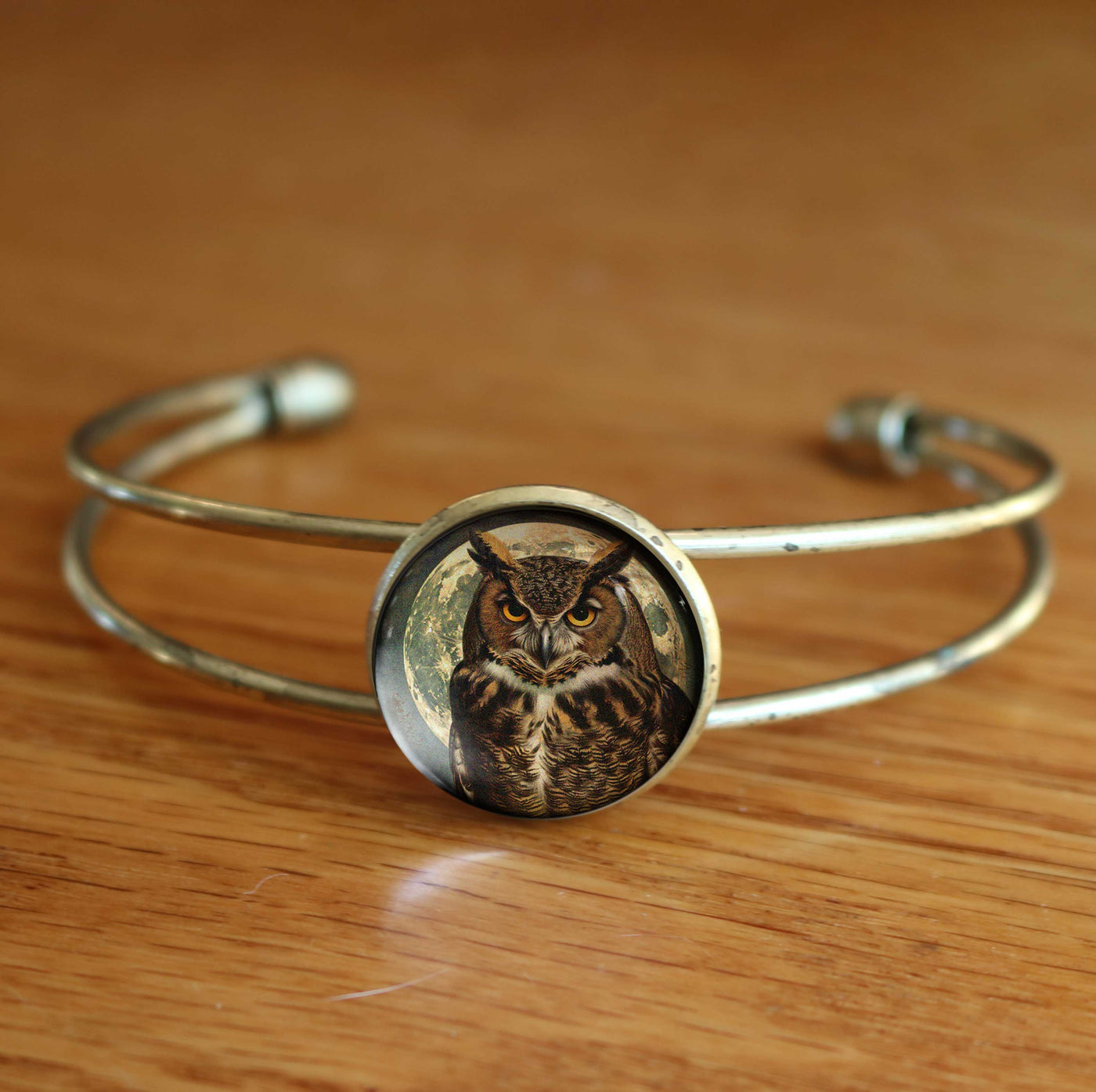 Owl Glass Cabochon and Brass Cuff Bracelet