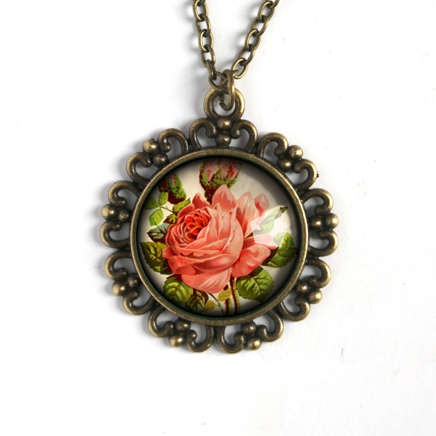 Victorian Tea Rose Pendant Necklace