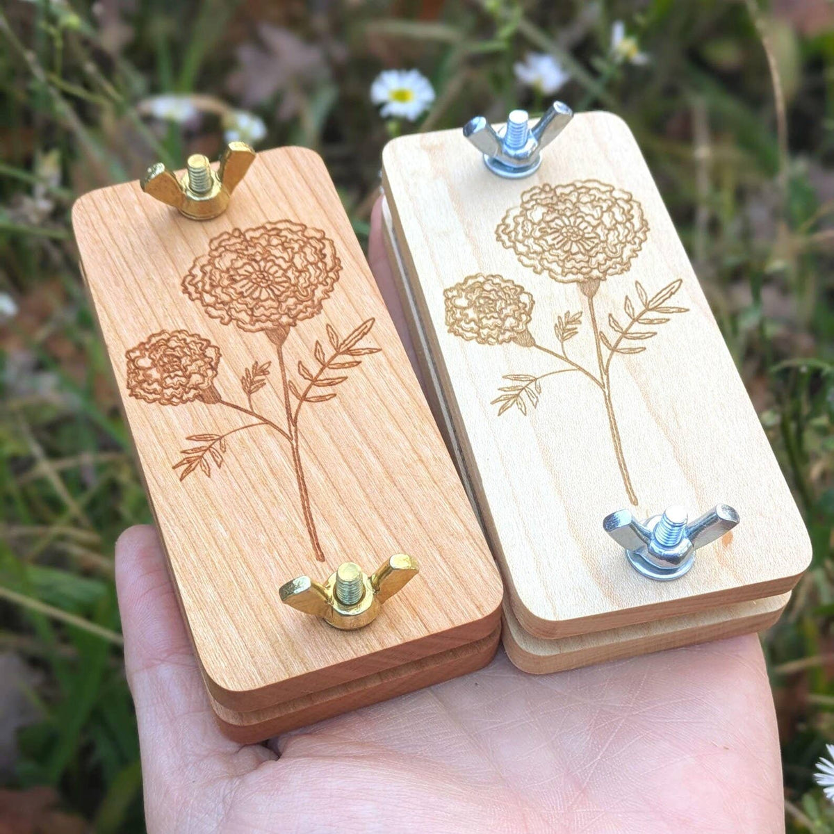 Pocket Size Flower Press With Marigold Design | 2"x4"