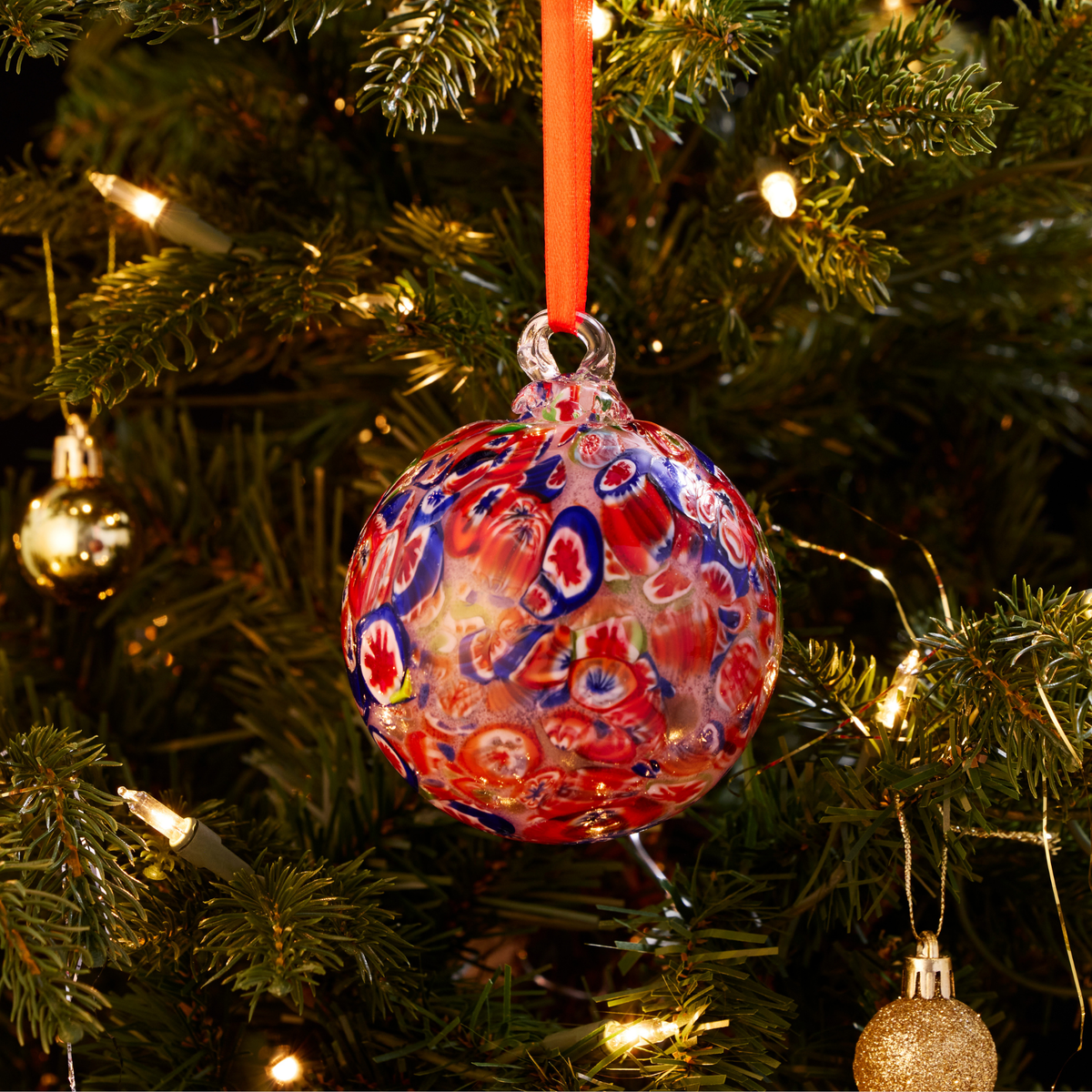 Red & Blue Multicolor Artisan Glass Ball Christmas Ornament