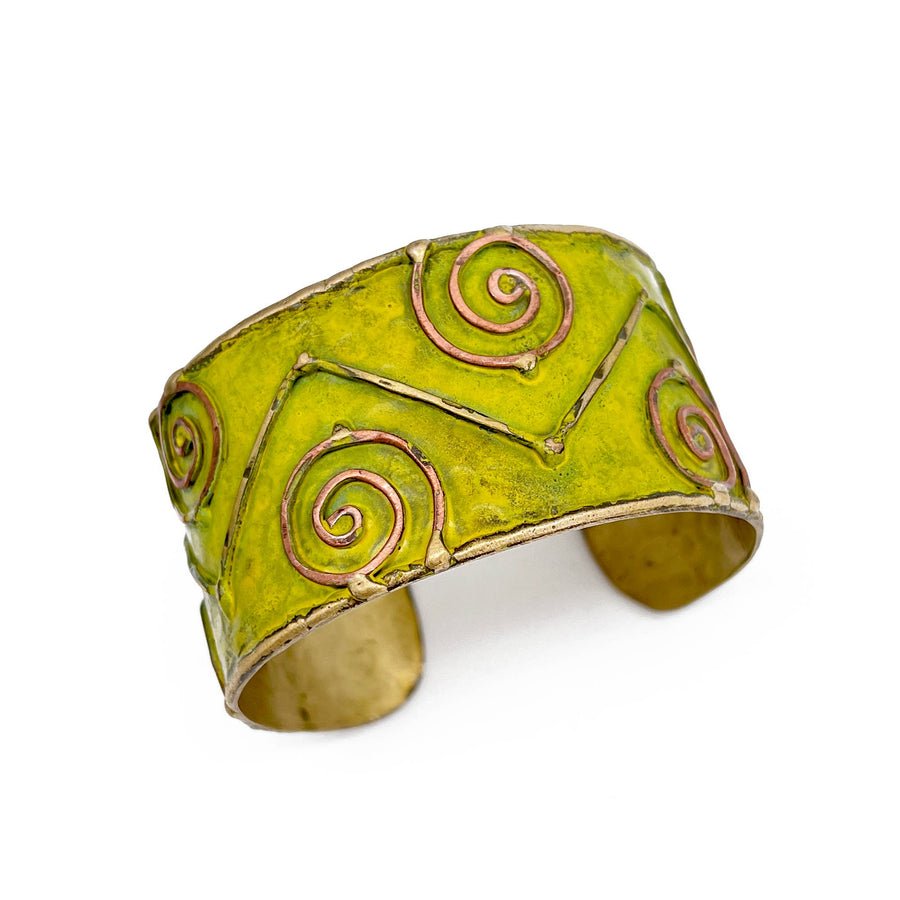 Brass Patina Cuff Bracelet - Lime Green Swirls