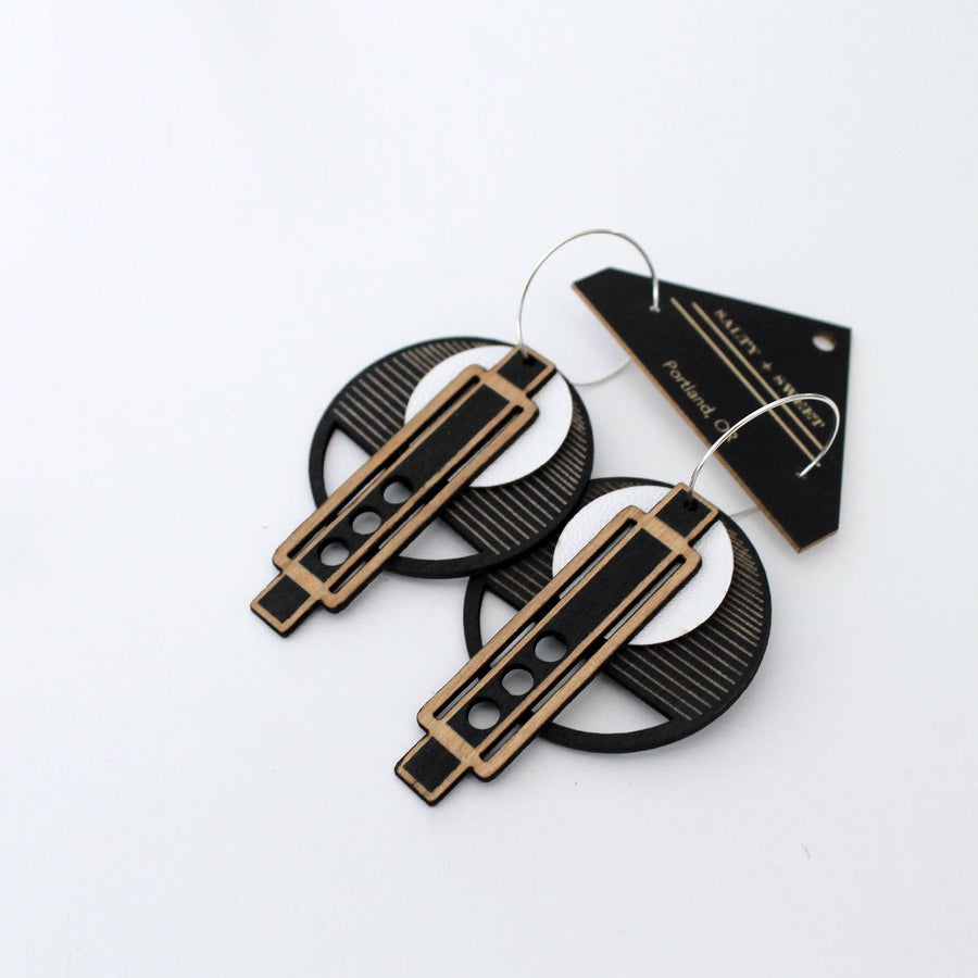 Black Wright Architectural Lightweight Leather+Birch earring: Wright BLK