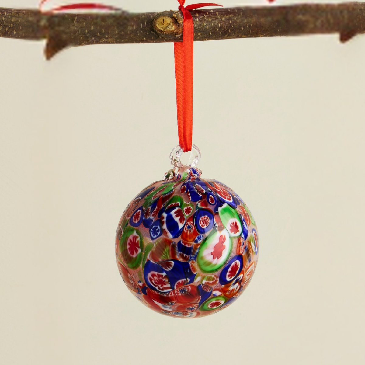 Red & Blue Multicolor Artisan Glass Ball Christmas Ornament