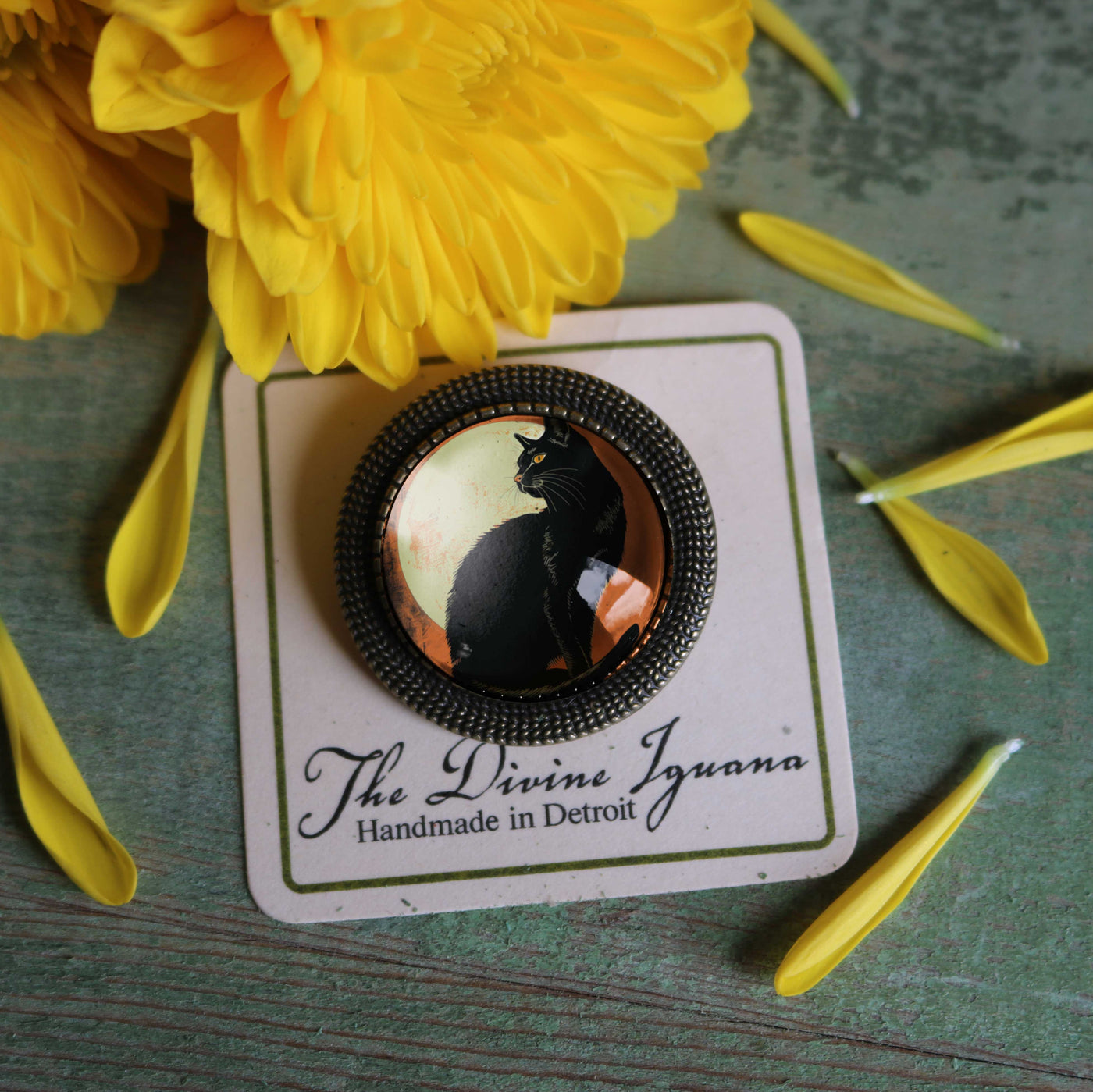 Black Cat Glass Cabochon and Bronze  Brooch