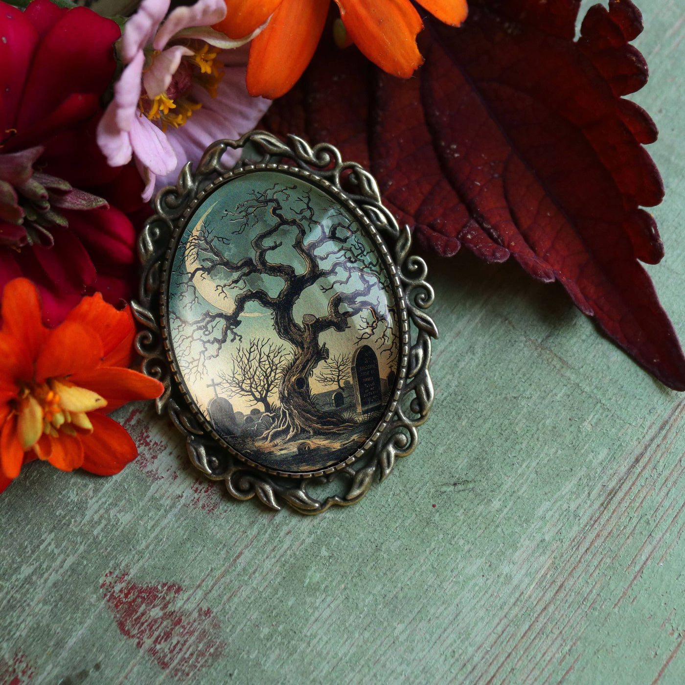 Haunted Tree Ornate Oval Glass Cabochon Brooch
