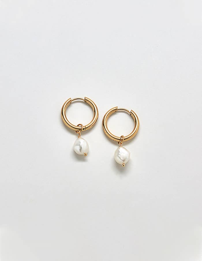 Single Pearl Semi-Precious Gemstone Hoop Earrings - Birthstone Jewelry