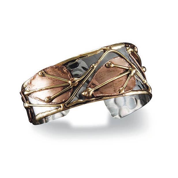 Mixed Metal Cuff Bracelet - Dotted Leaves
