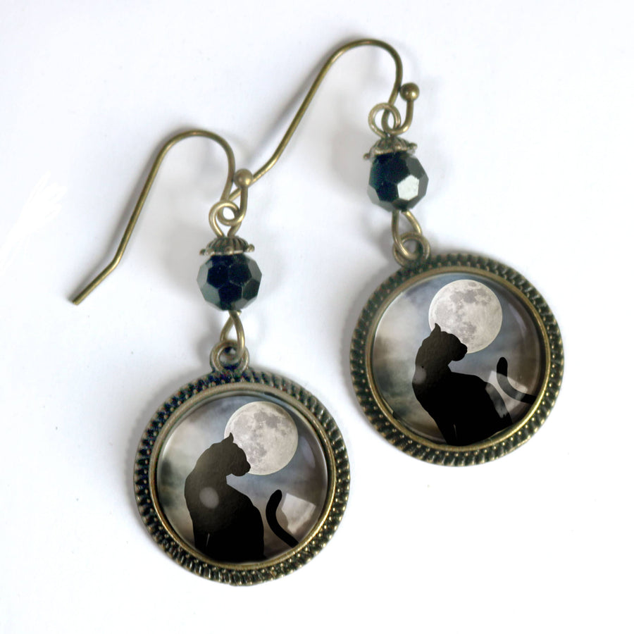 Black Cat and Full Moon  Earrings
