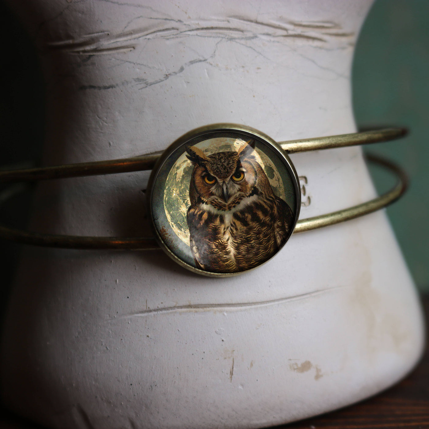 Owl Glass Cabochon and Brass Cuff Bracelet