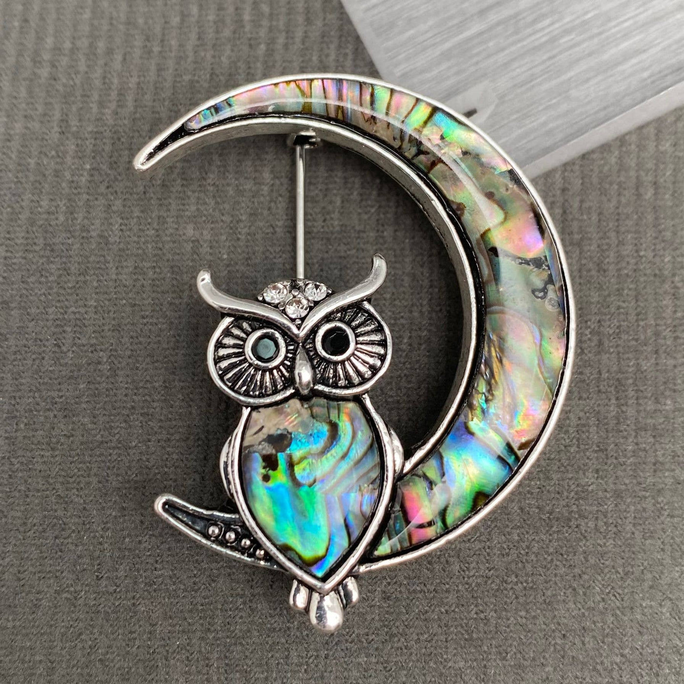 Abalone Shell & Rhinestone Inlaid Owl On The Moon Brooch