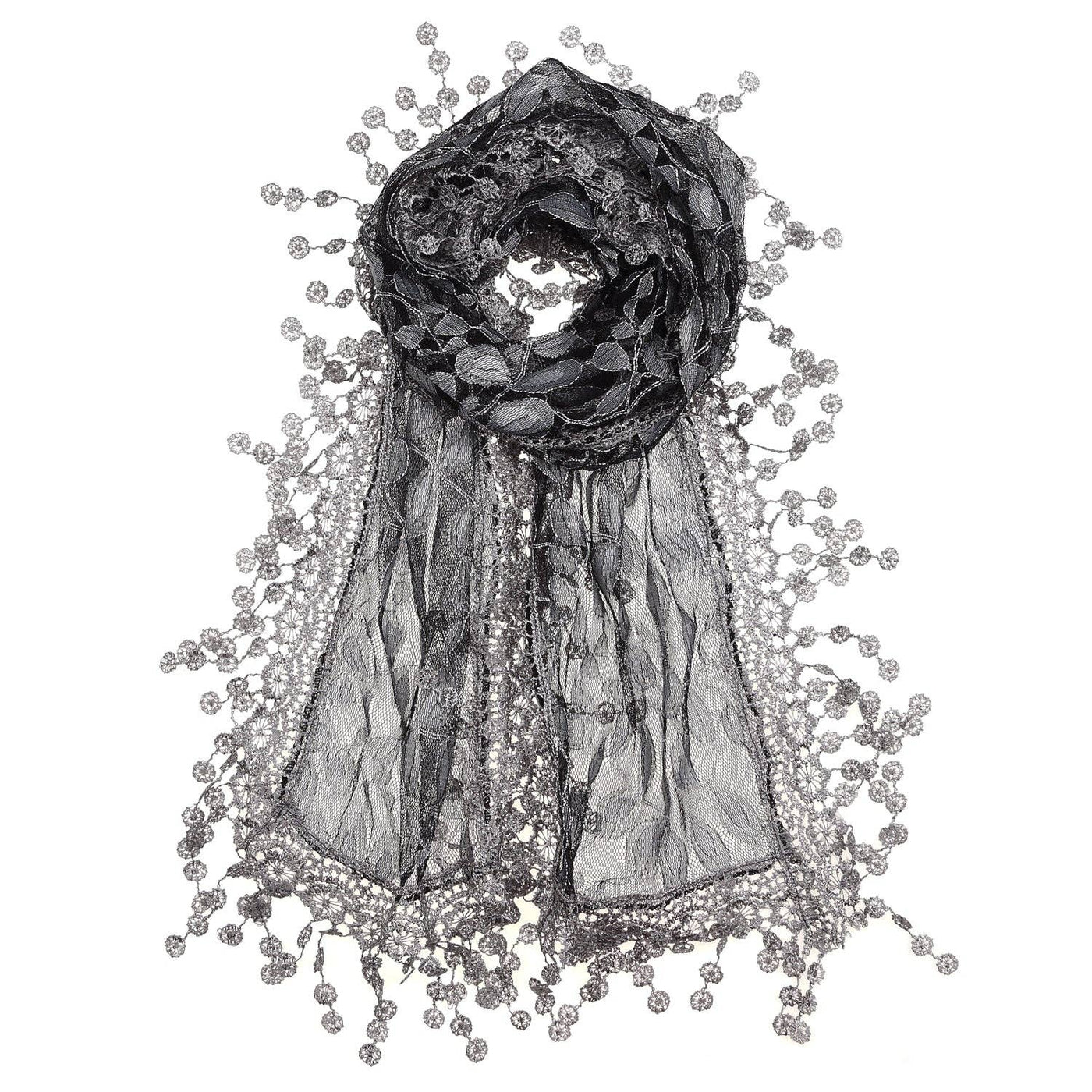 Dark Grey Leaf Pattern Lace Scarf with Tassels