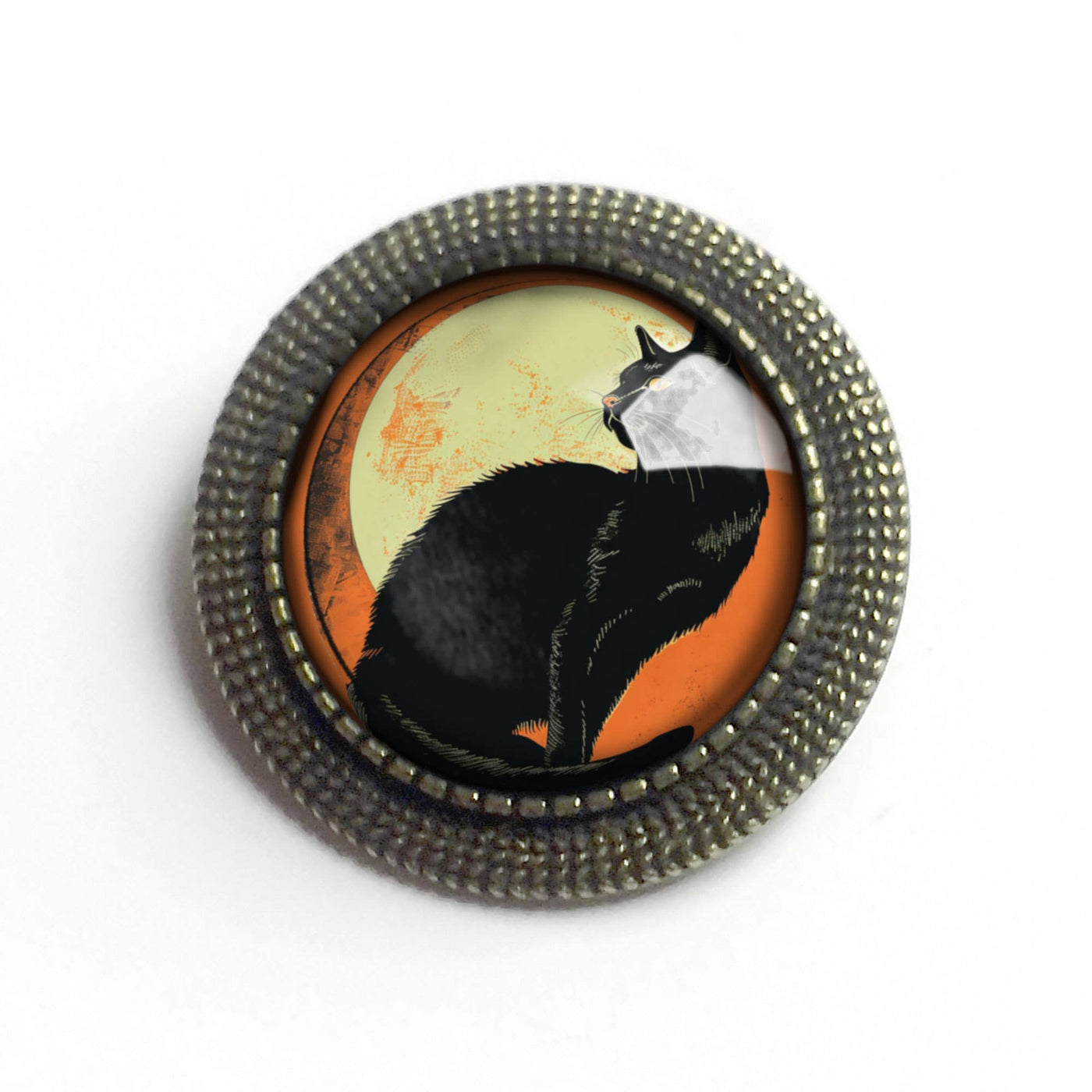 Black Cat Glass Cabochon and Bronze  Brooch
