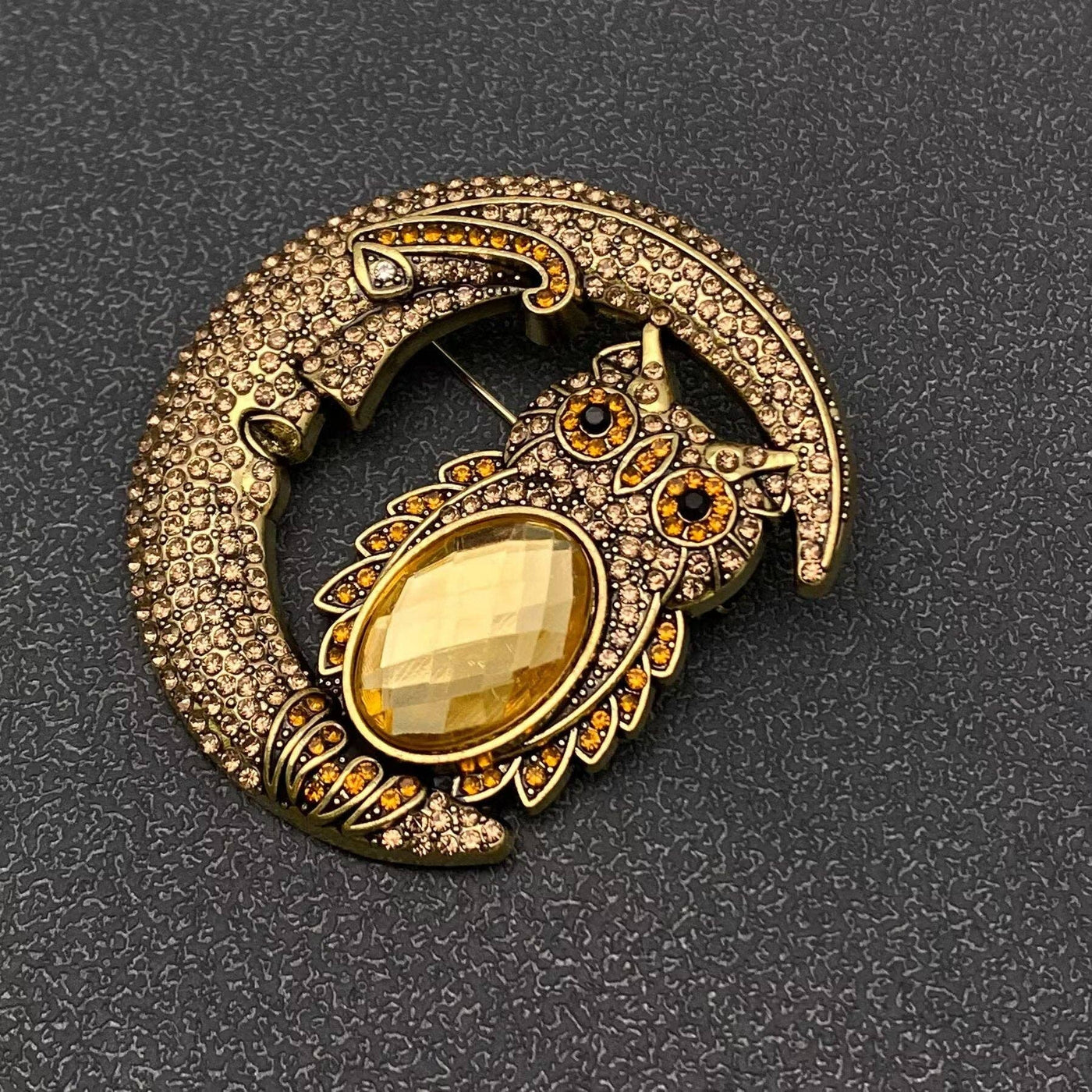 Sparkling Rhinestone Moon & Glass Owl Brooch