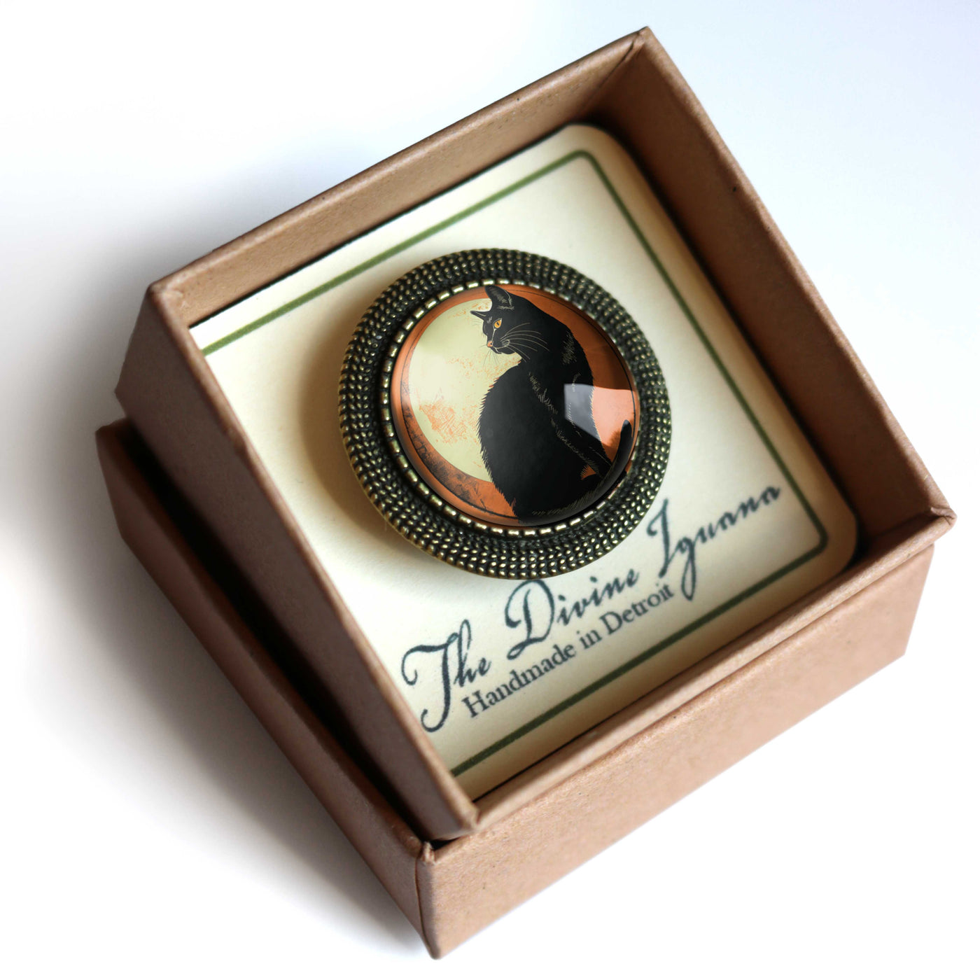 Black Cat Glass Cabochon and Bronze  Brooch