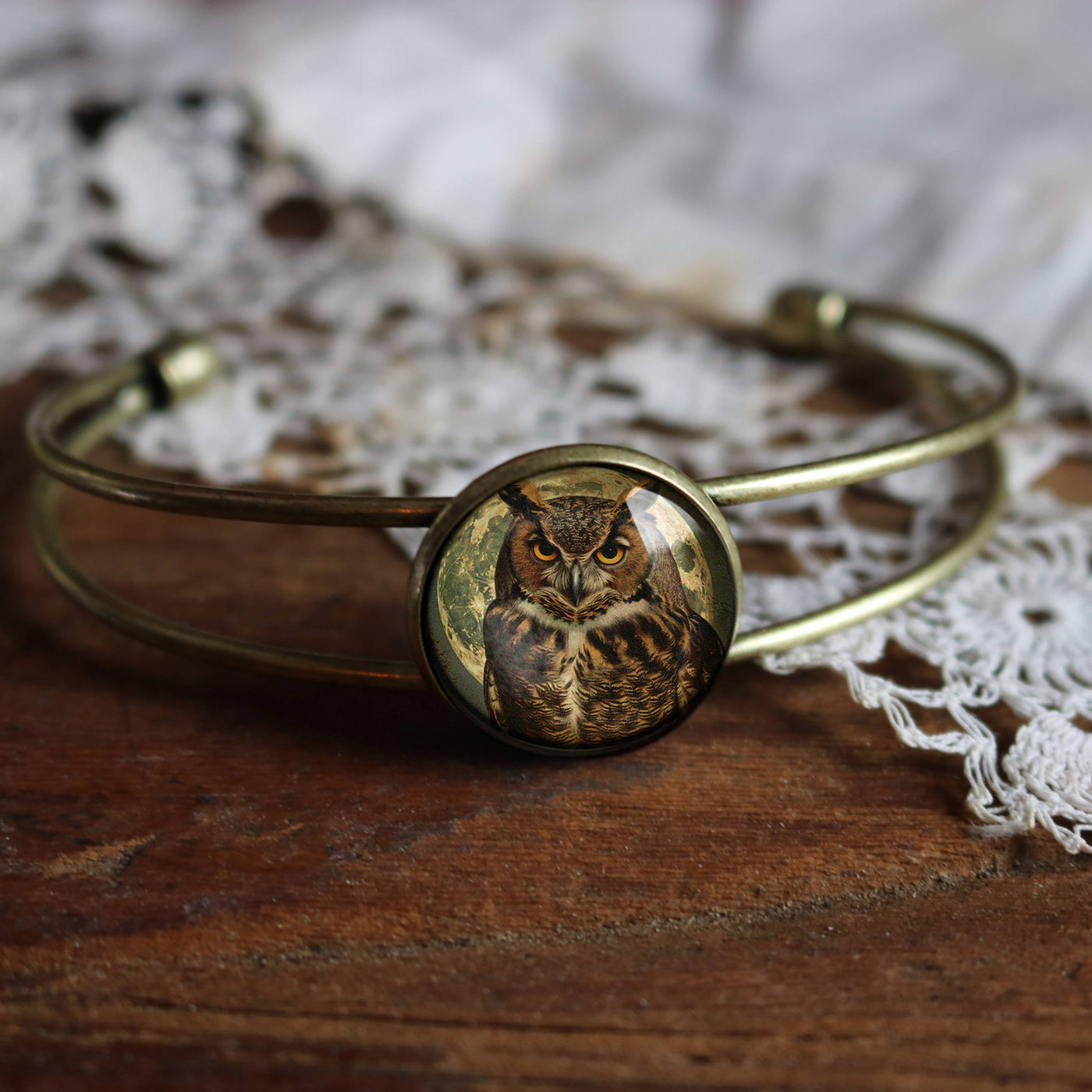 Owl Glass Cabochon and Brass Cuff Bracelet