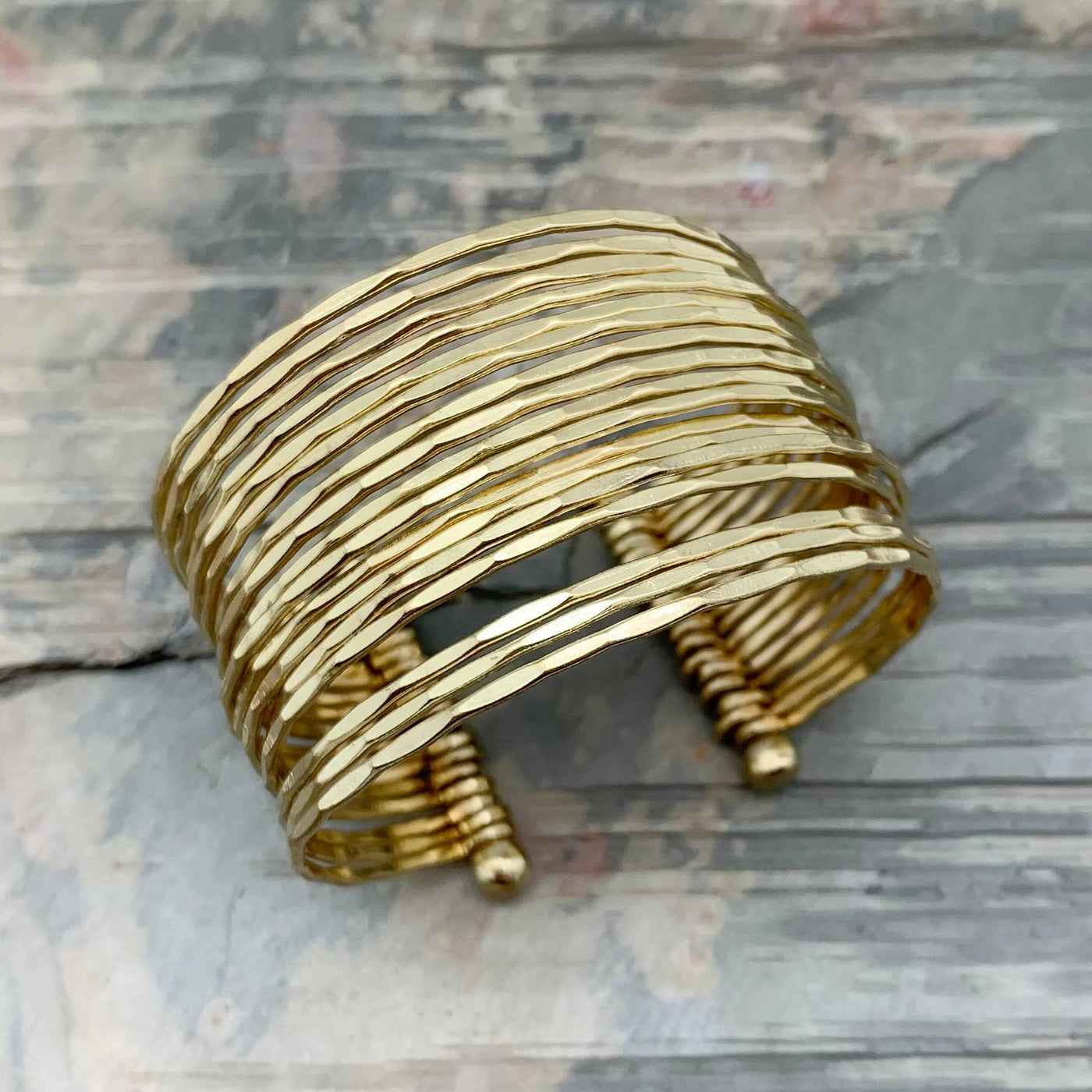 Gold Plated Adjustable Cuff Bracelet - Hammered Bands