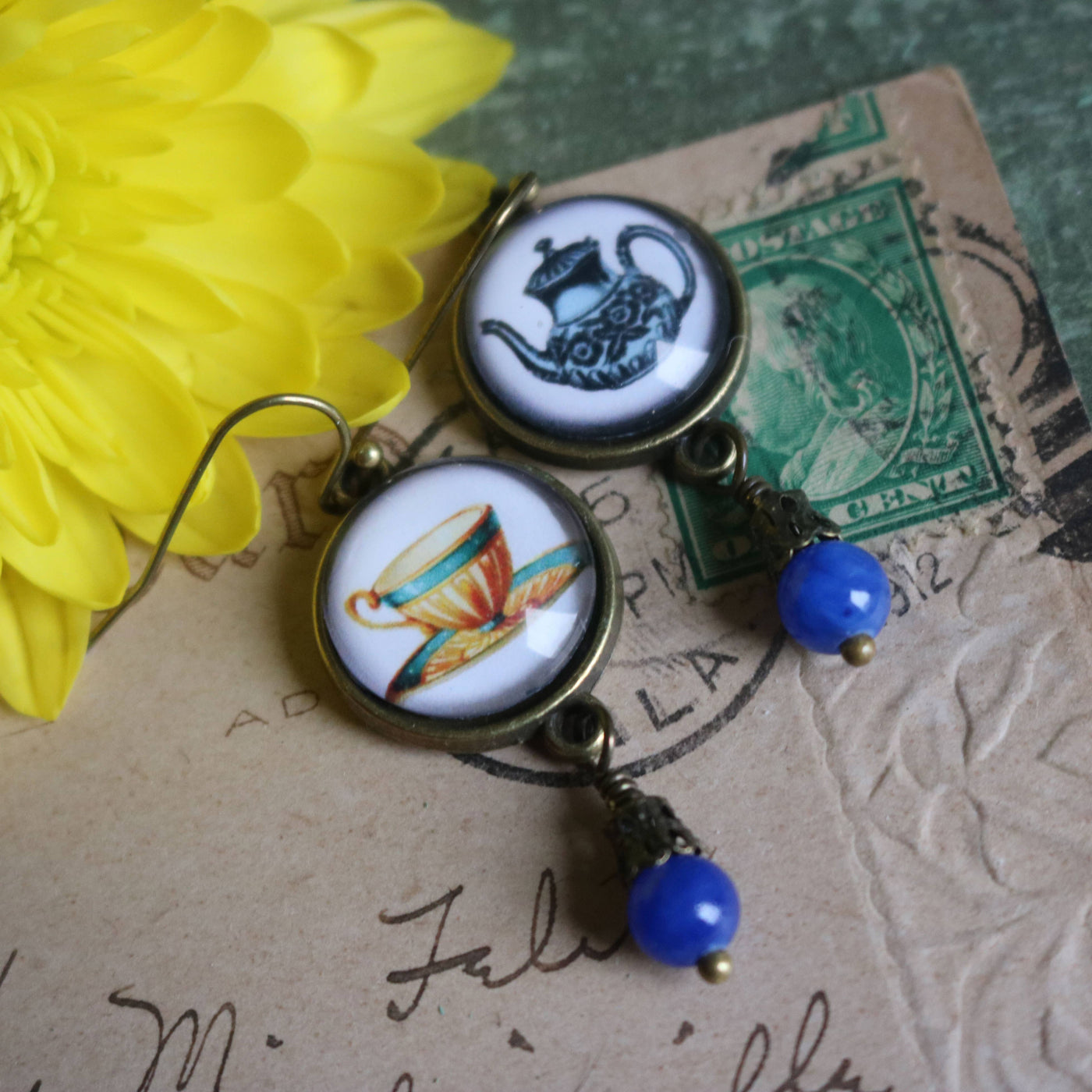 Blue Teacup and Teapot Steampunk Victorian Earrings