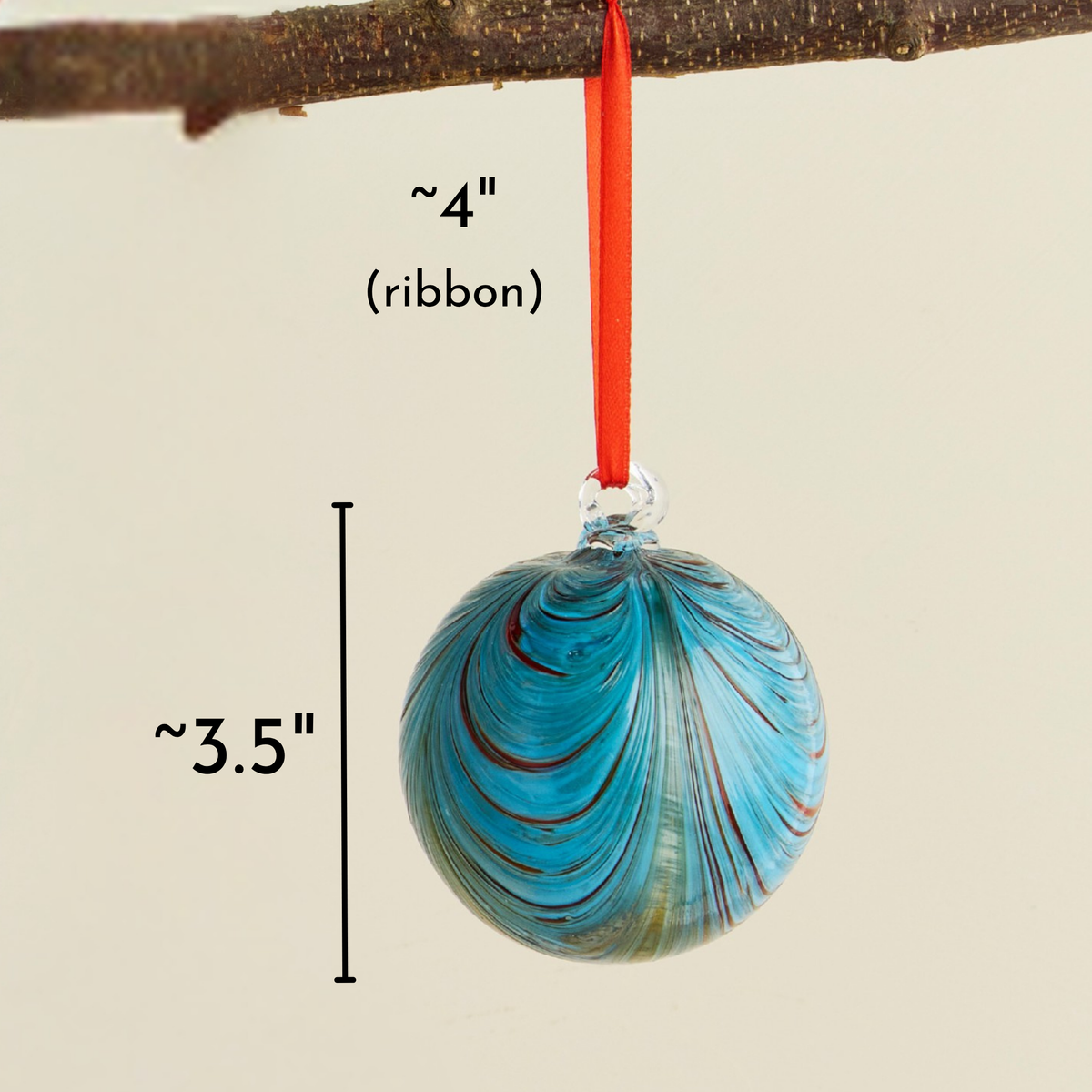 Aqua & Red Artisan Glass Ball Christmas Ornament