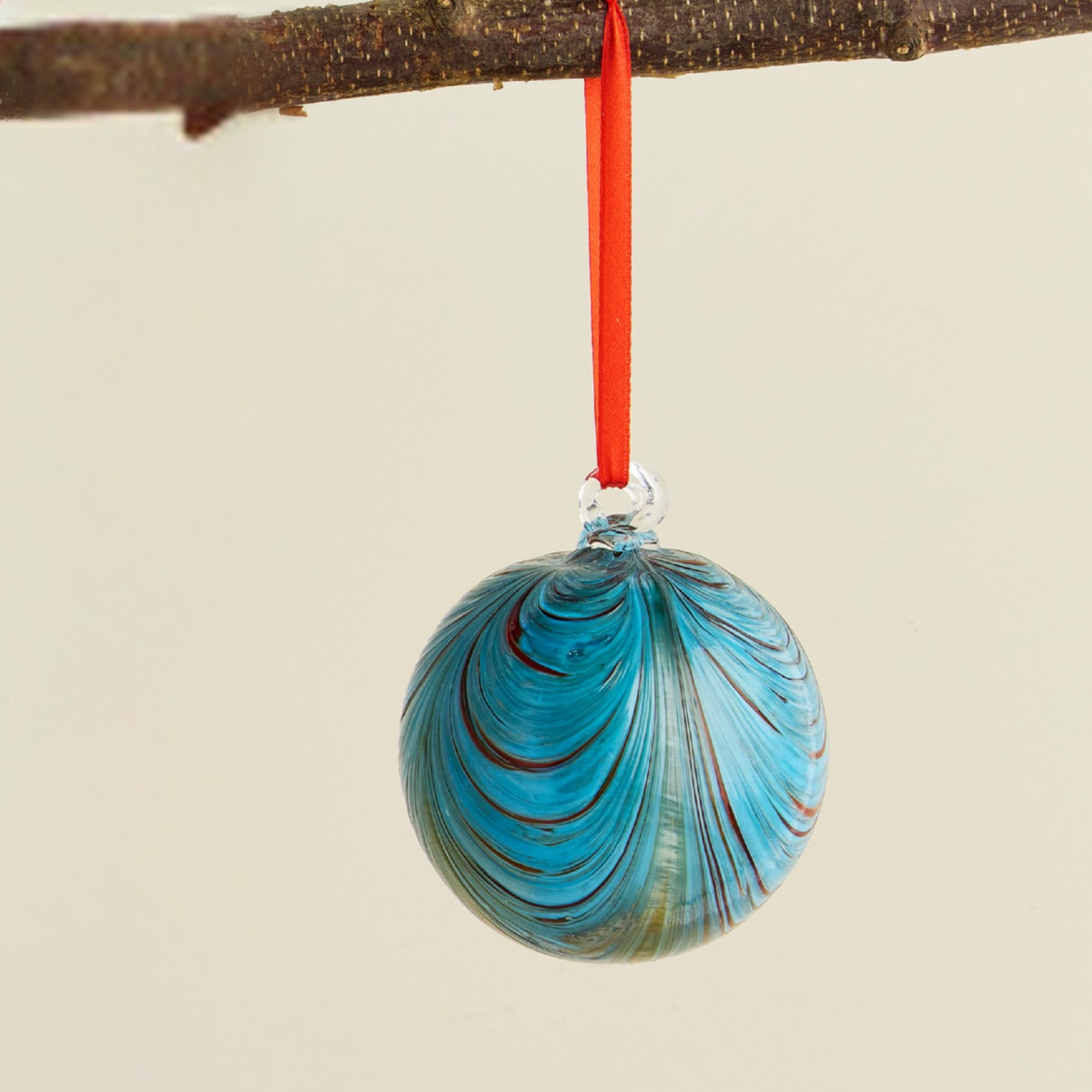 Aqua & Red Artisan Glass Ball Christmas Ornament