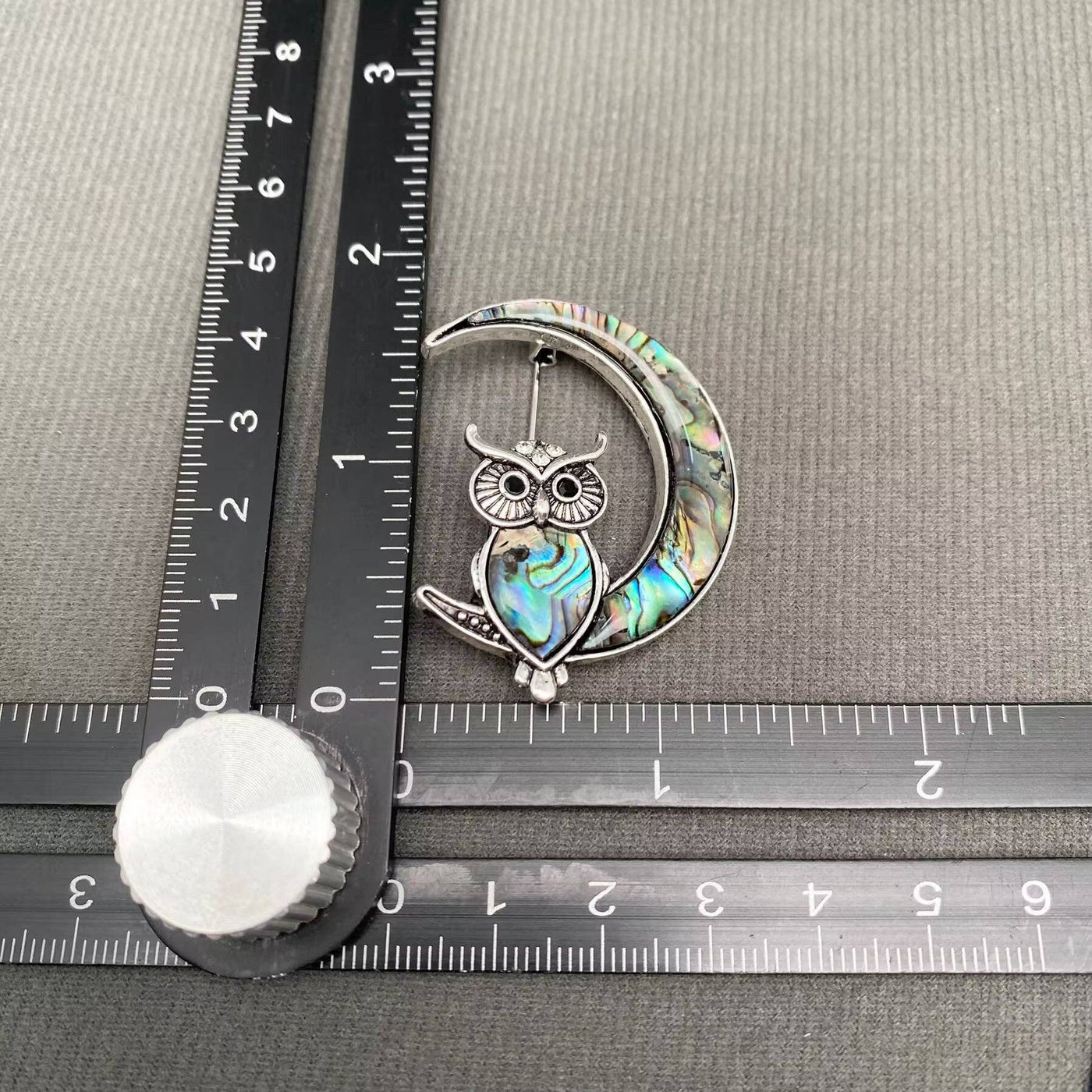 Abalone Shell & Rhinestone Inlaid Owl On The Moon Brooch