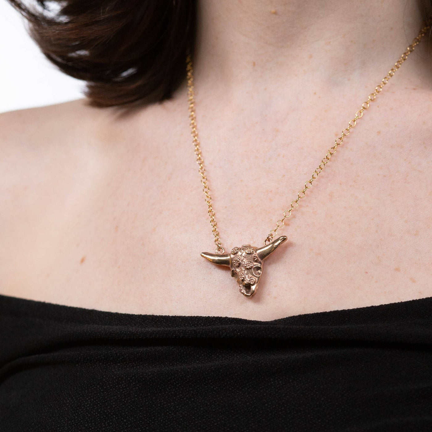 Georgia O'Keeffe-Inspired Floral Cow Skull Necklace