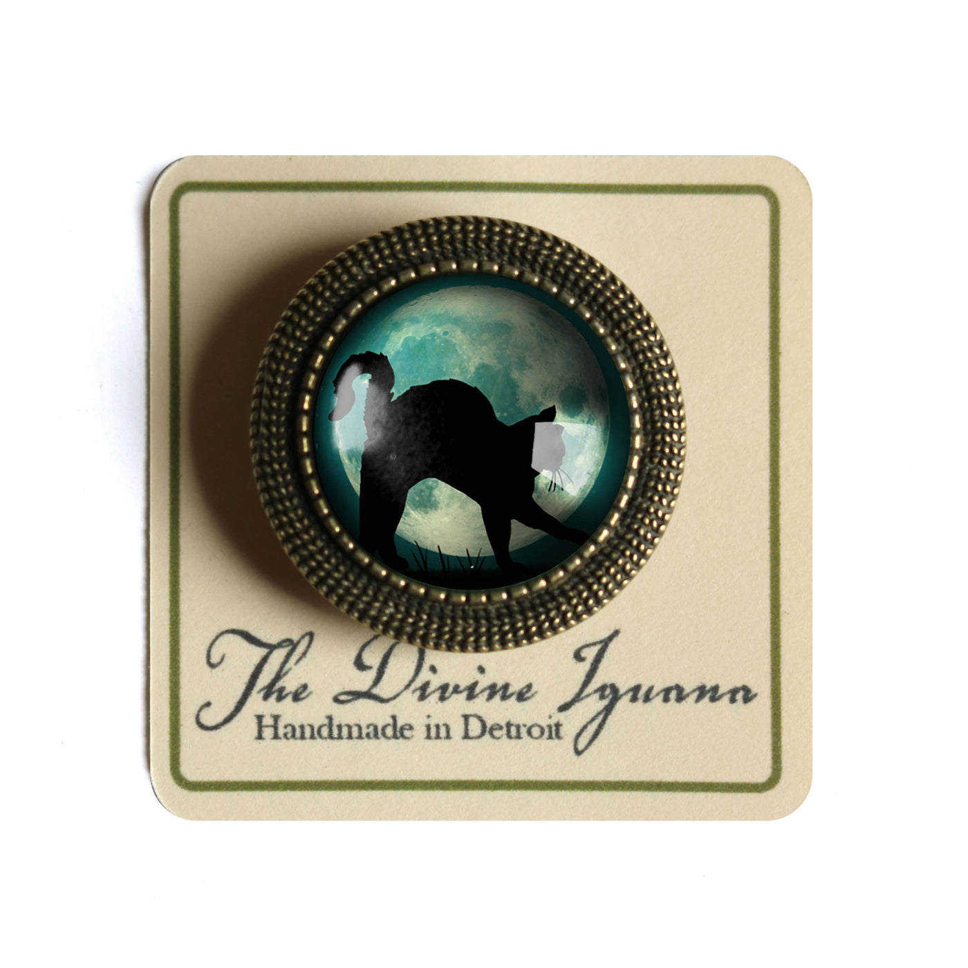 Black Cat on Blue Moon Goth Halloween Brooch