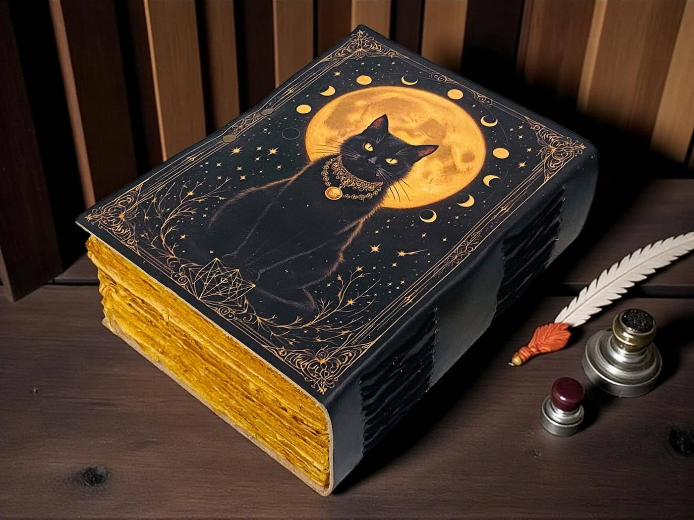 Black Cat Full Moon Handmade Leather Book