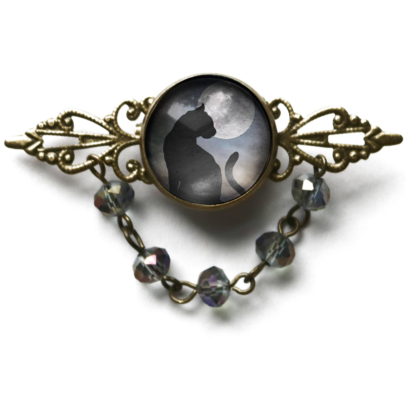 Black Cat and Moon Goth Bead and Filigree Brooch