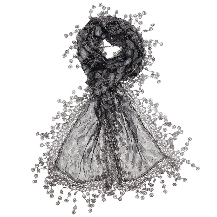 Dark Grey Leaf Pattern Lace Scarf with Tassels