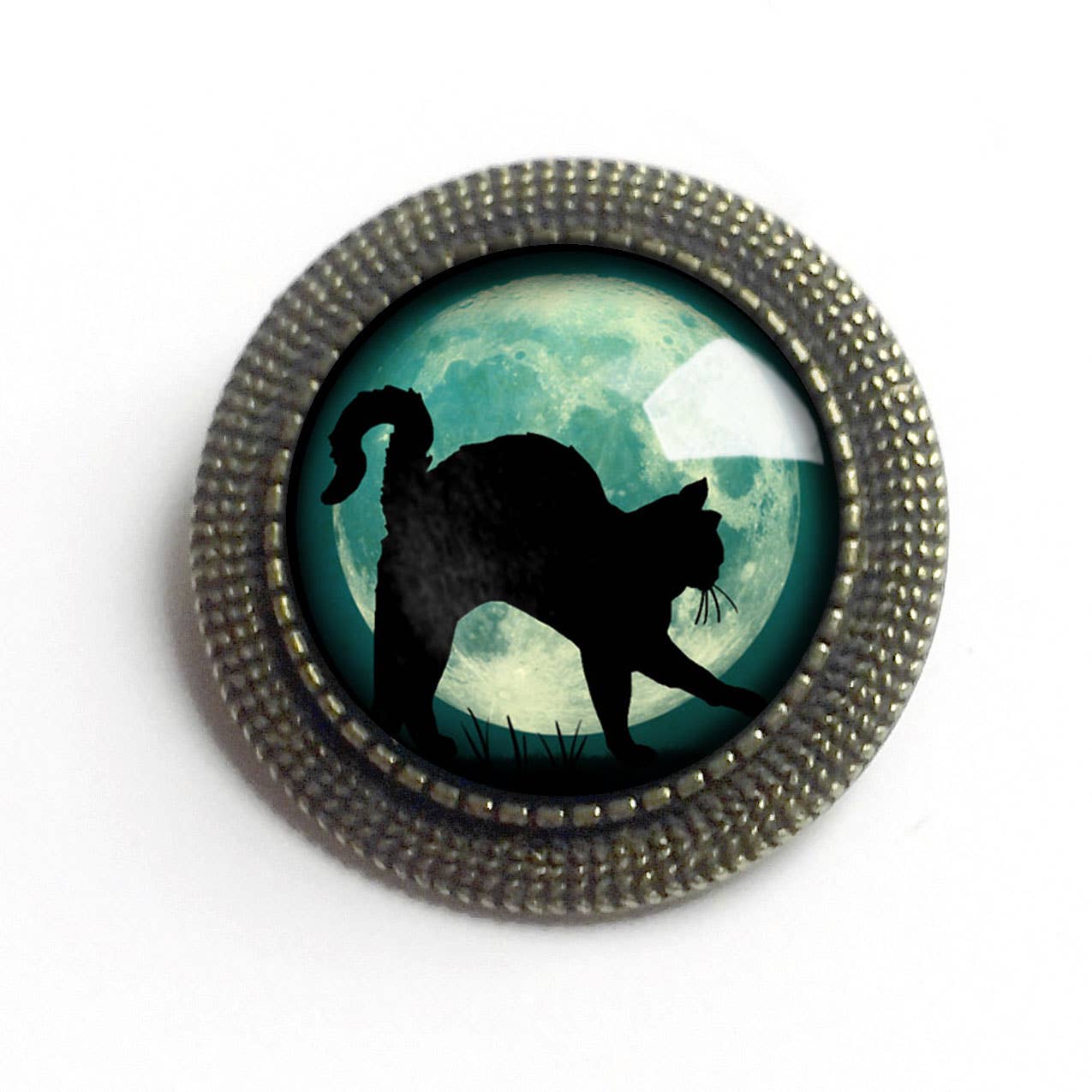 Black Cat on Blue Moon Goth Halloween Brooch