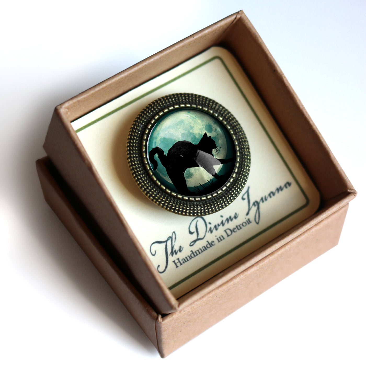 Black Cat on Blue Moon Goth Halloween Brooch