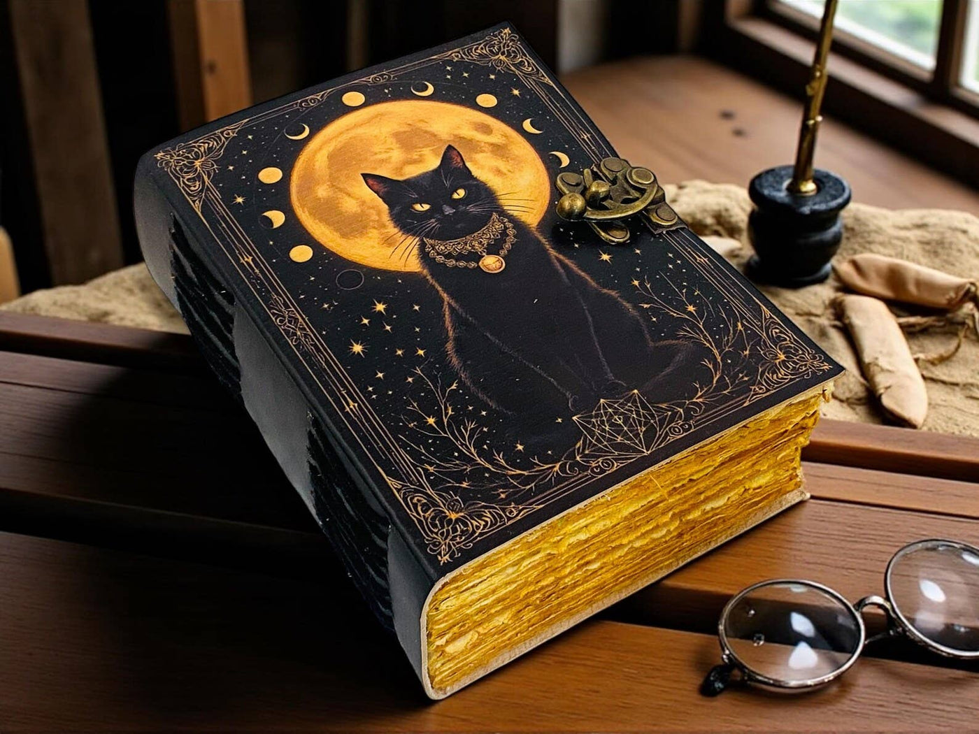 Black Cat Full Moon Handmade Leather Book