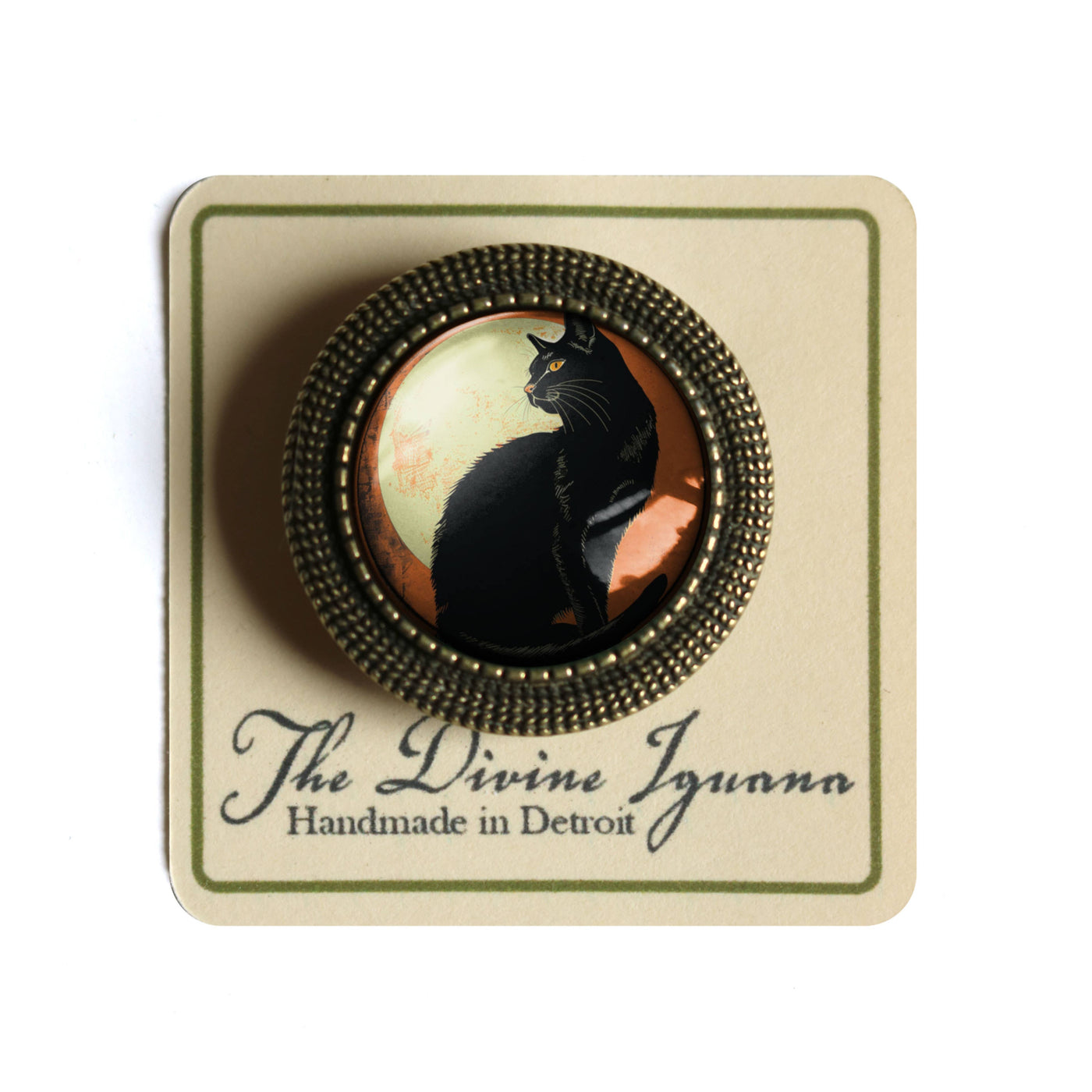 Black Cat Glass Cabochon and Bronze  Brooch