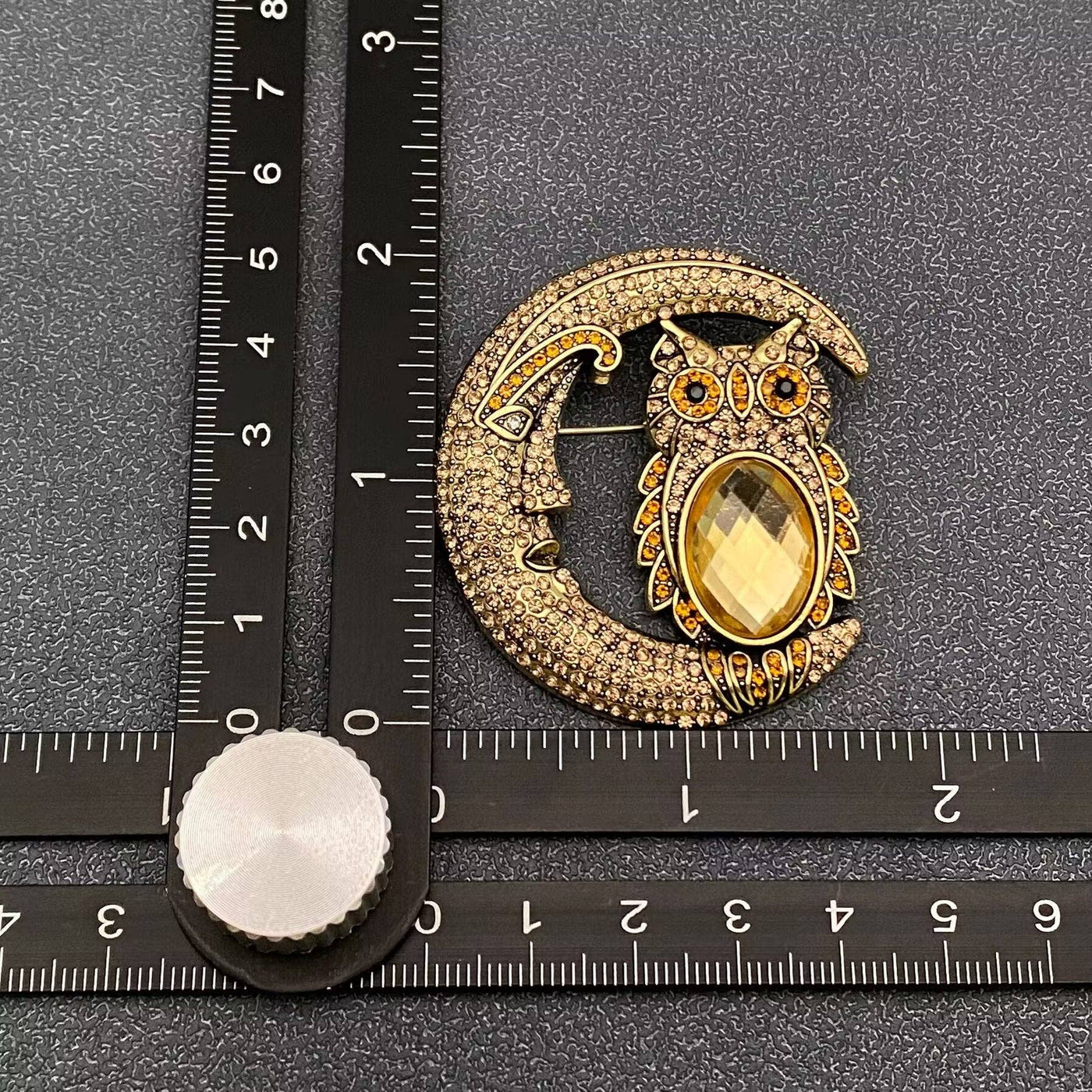Sparkling Rhinestone Moon & Glass Owl Brooch