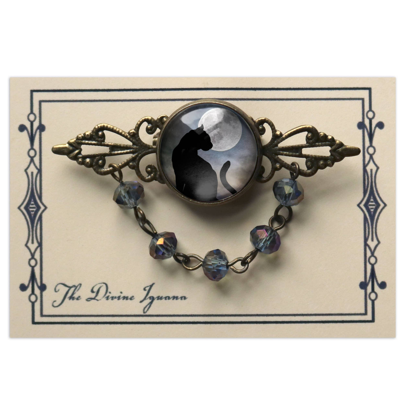 Black Cat and Moon Goth Bead and Filigree Brooch