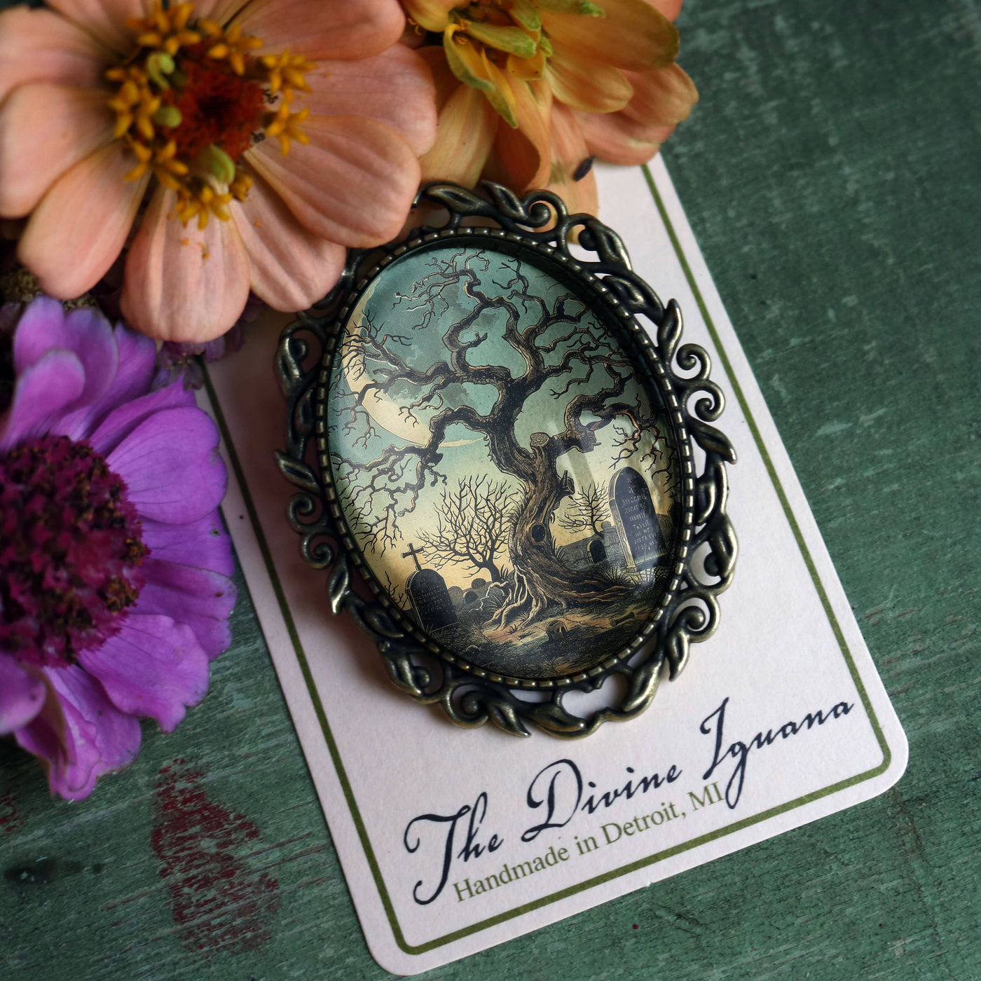 Haunted Tree Ornate Oval Glass Cabochon Brooch
